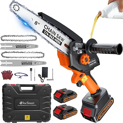 Mini Chainsaw Cordless, 8 inch & 6 inch Electric Chain Saw with 2 Pack Rechargeable Batteries, Battery Powered Handheld Saw Gardening Tools for Trees Branches Trimming Wood Cutting, Orange