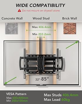 TV Wall Mount Bracket for 32-85 Inch TVs Full Motion Dual Articulating Arm with Swivel & Tilt, Max VESA 600x400mm, Supports 60 kg for LCD/LED/OLED Flat & Curved Screens