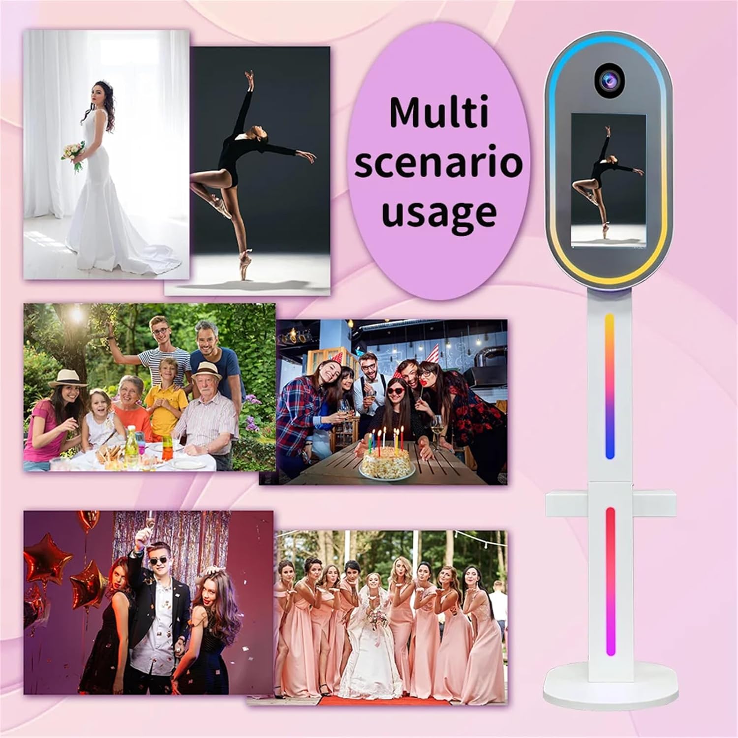 DSLR Photo Booth Shell, Mirror Photobooth for Camera with 15.6" Touch Screen PC, RGB LED Fill Light, Flight Case, for Wedding, Parties, Events, Rental Business