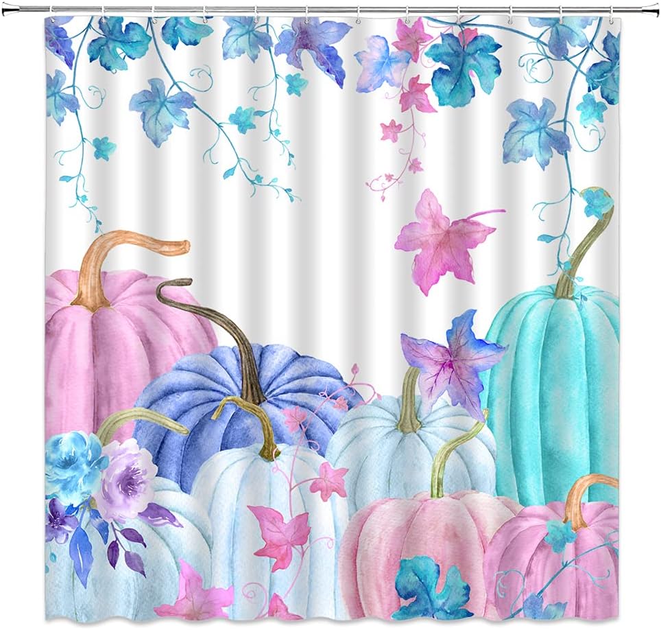 Fall Pumpkin Extra Long Shower Curtain, Watercolor Pumpkin with Leaves Harves Thanksgiving Colorful Autumn Rustic Farmhouse Holiday Blue Purple Bathroom Home Curtain Decor with Hooks,70"Wx84"H