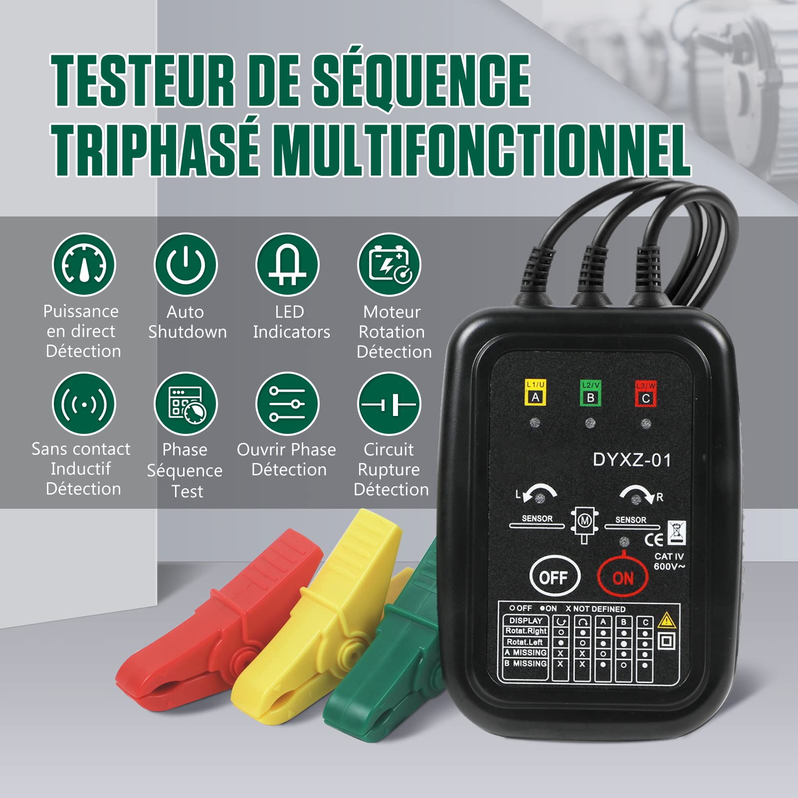 KAISAL Testeur de Phase Sans Contact Appareil de Mesure du Champ Tournant AC 70V~600V, Détection de l'ordre des Phases, Détection de la Perte de Phase, Détection de la Rotation du Moteur