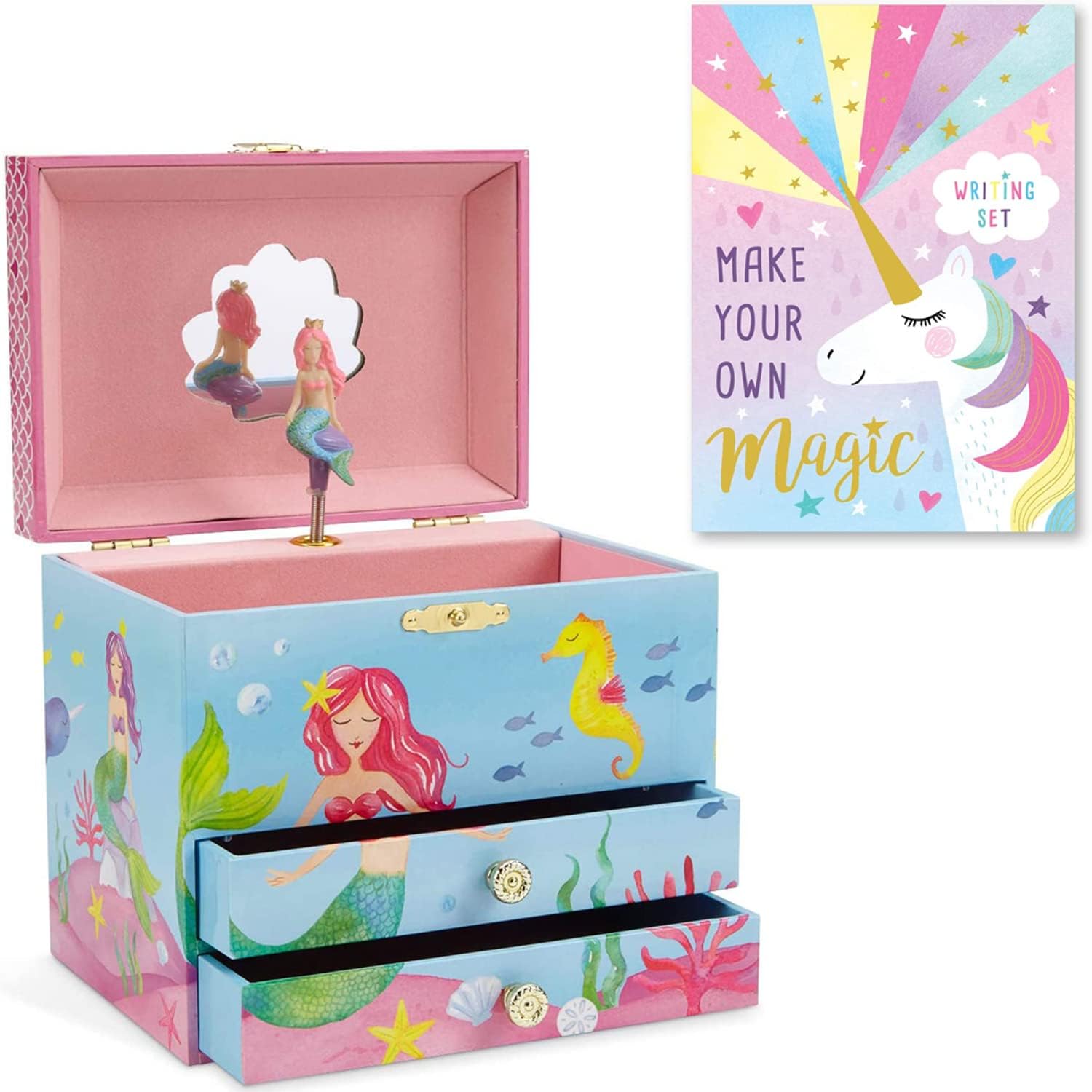 Jewelkeeper Mermaid Musical Jewelry Box, Underwater Design with Two Pullout Drawers, Over The Waves Tune & Rainbow Unicorn Design Writing Kit with Gold Foil, Girls Stationery Paper Letter Set