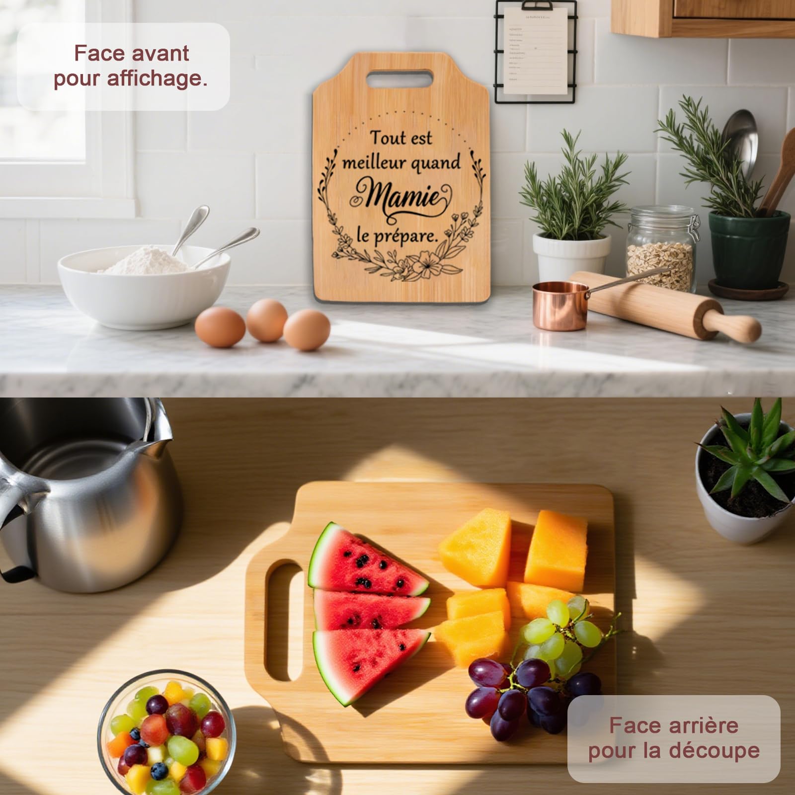 Ustensile Cuisine Personnalisé Planche à Découper Bambou Cadeau Mamie - Gravée "Tout Est Meilleur Quand Mamie Cuisine" Antibactérienne Antidérapante