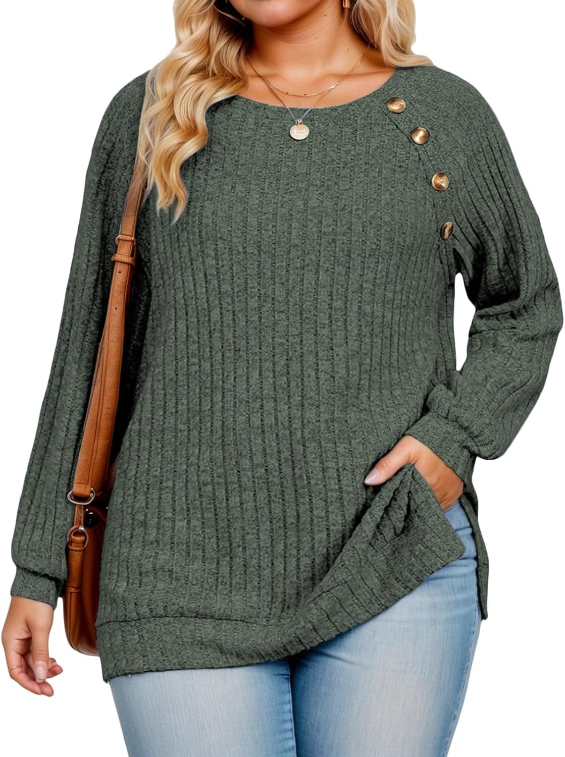 VISLILY Womens-Plus-Size-Tops Casual Long Sleeve Shirts Trendy Button Decor Tunics Lightweight Sweaters Side Split Blouses