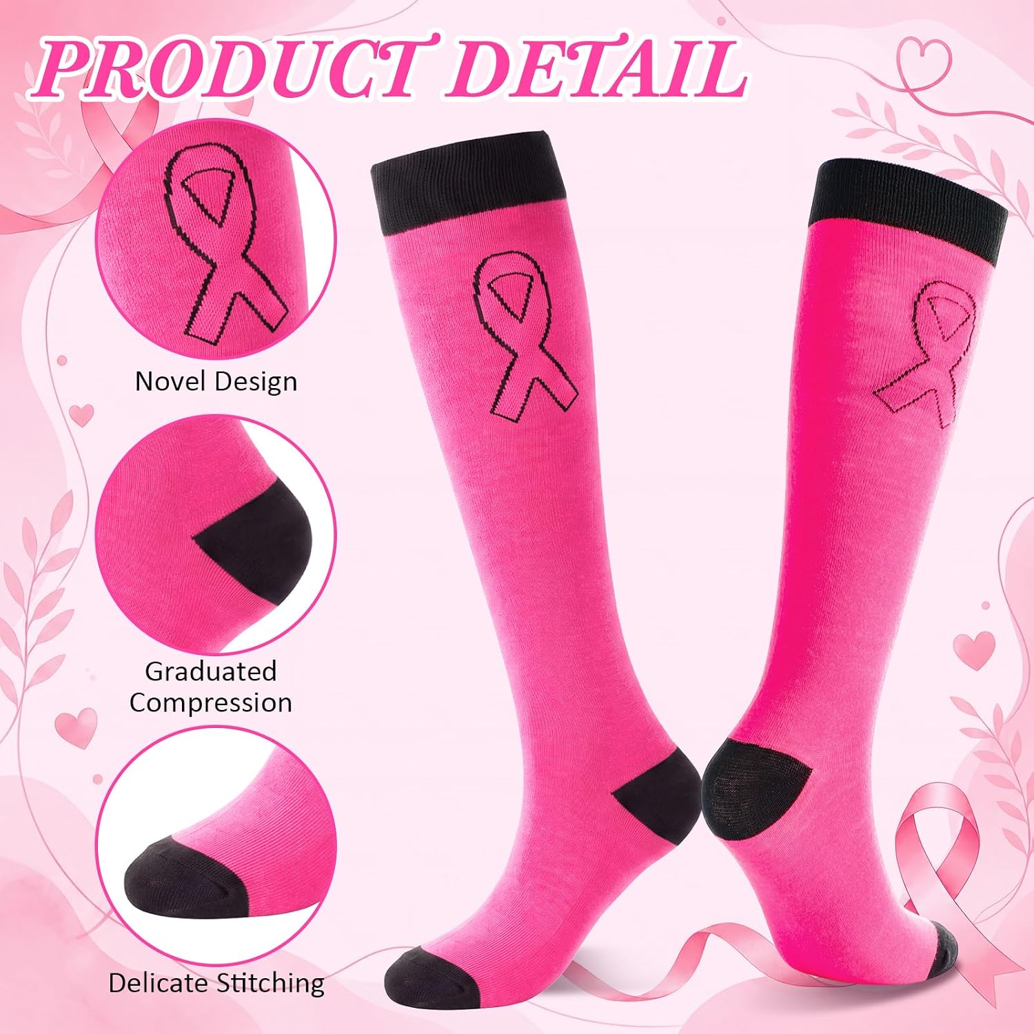Shyyween 6 Pairs Breast Cancer Awareness Socks Pink Ribbon Sock