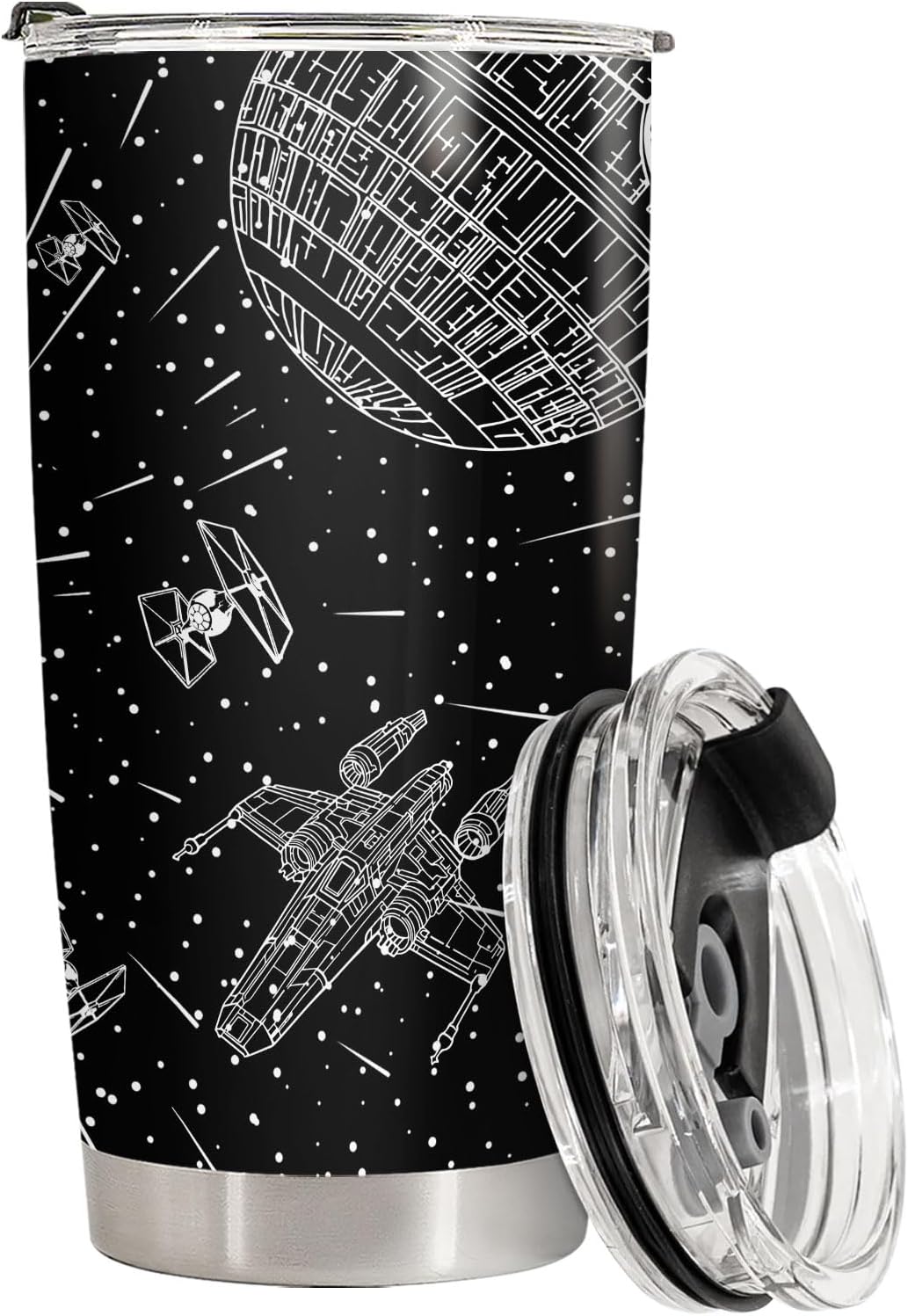 34HD Starship Space Tumbler 20oz Stainless Steel Insulated - Funny Galaxy Spaceship Gift for Sci-Fi Fans - Double Wall Vacuum Travel Mug Black White Line Art