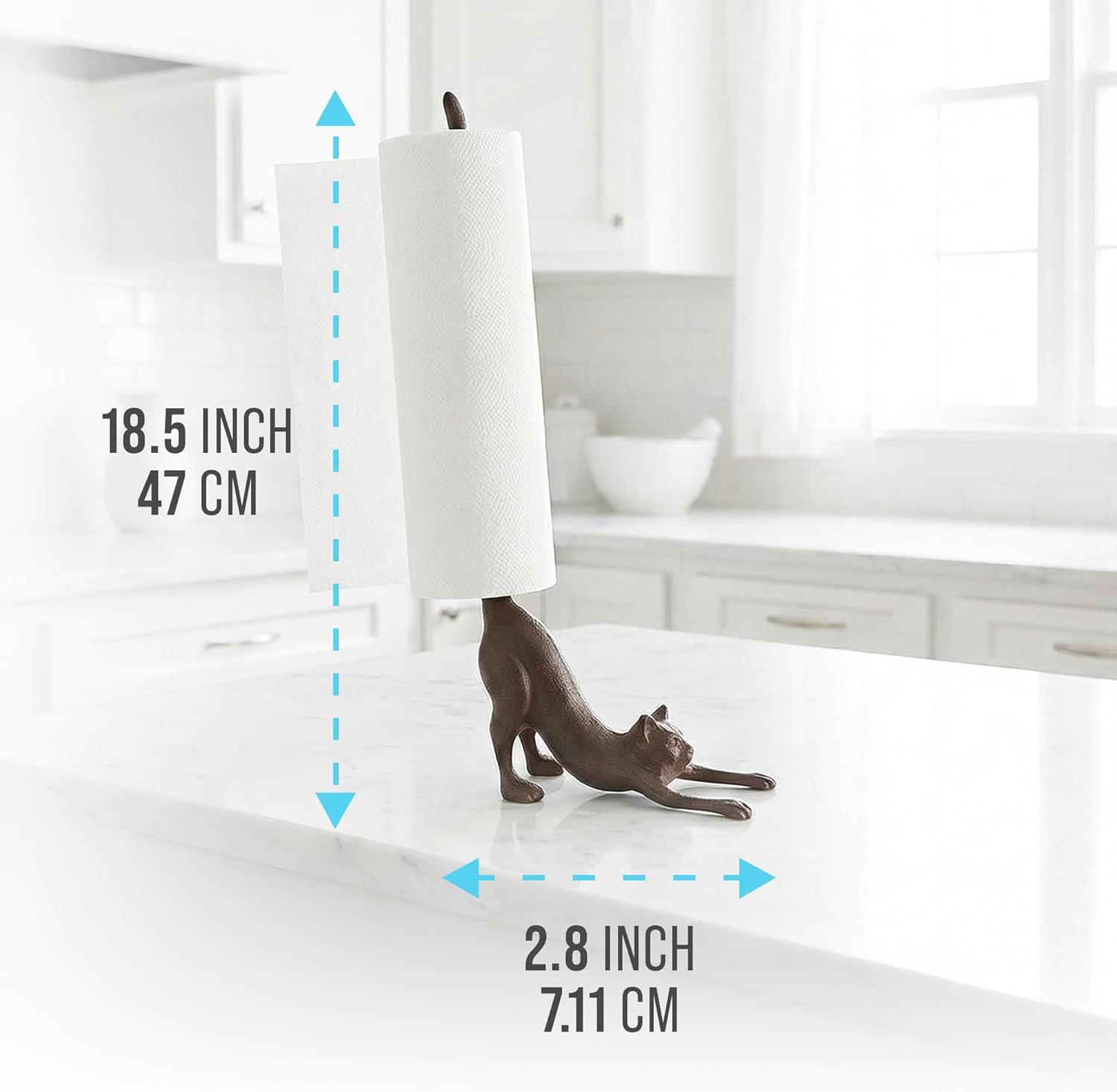 Comfify Yoga Cat Decorative Paper Towel Holder or Toilet Paper Holder - Adorable Downward Dog Pose Kitty - Cast Iron Paper Towel Stand - Antiqued Cast Iron Storage - Multiple uses - 18.5" Tall