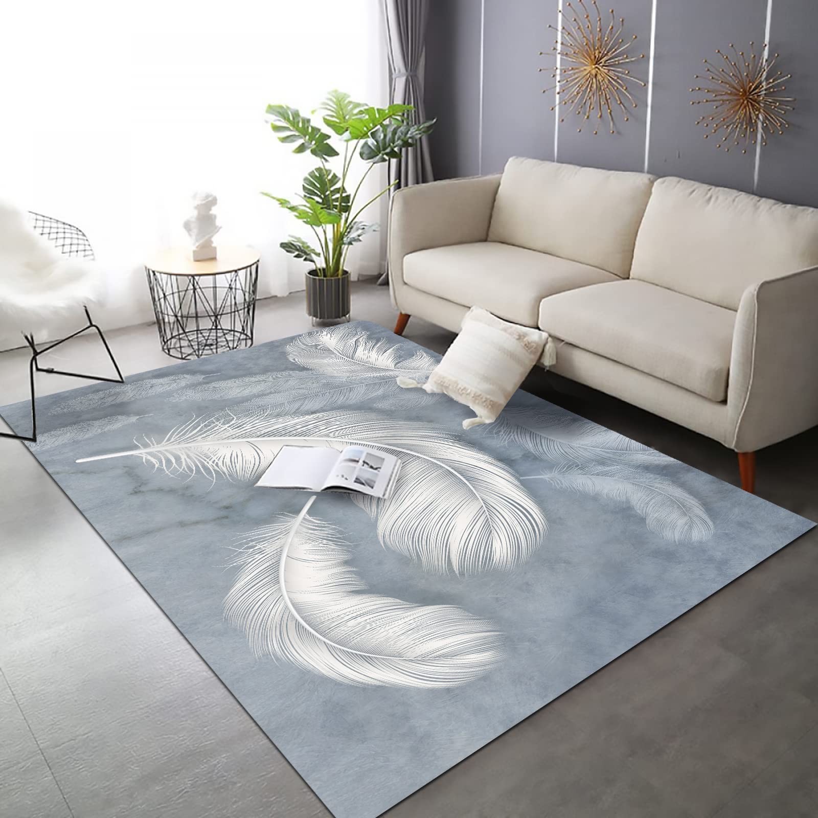 Tapis lavable bleu clair 160x200 cm avec plumes pour salon et chambre