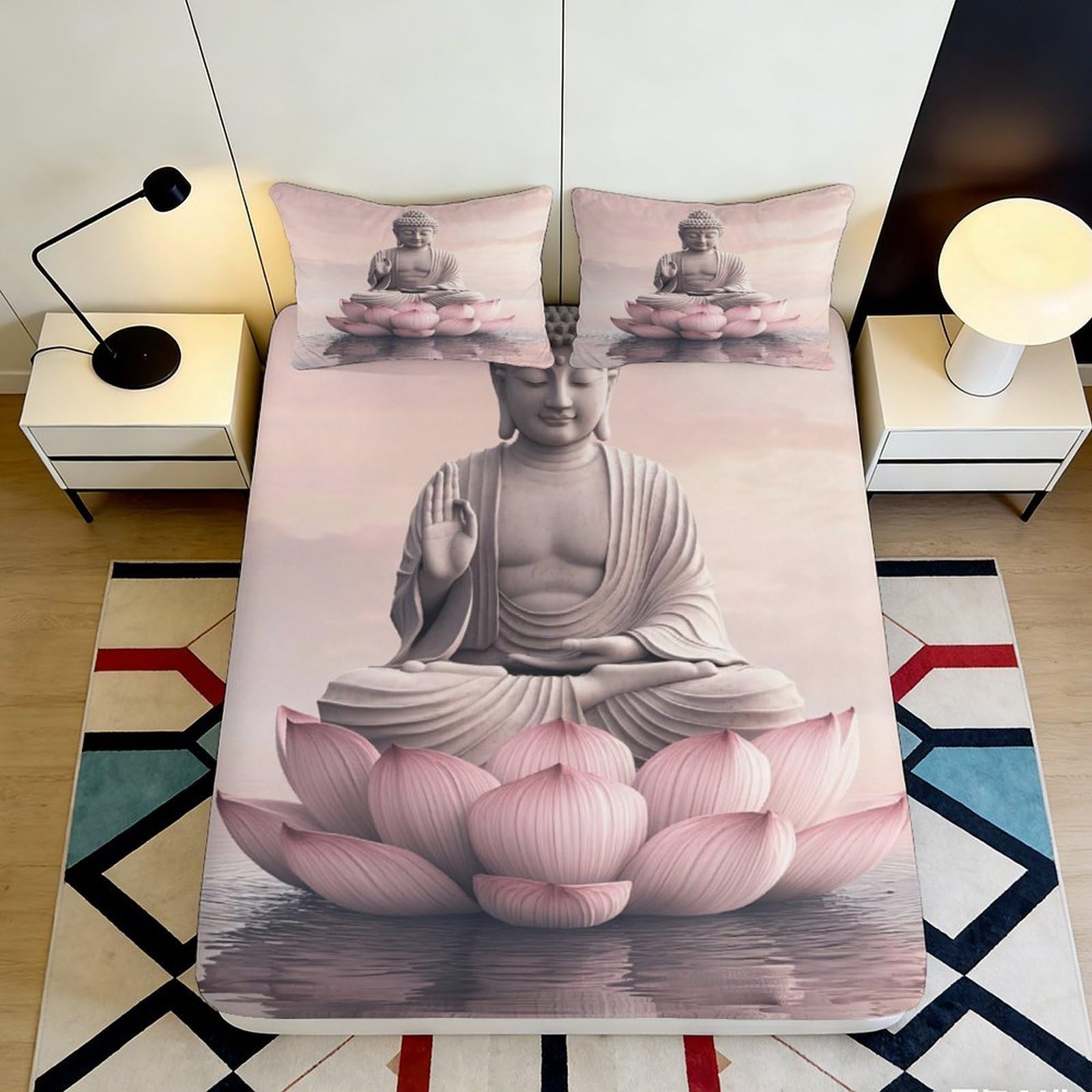 3D Printed Buddha Lotus Fitted Sheet Microfiber Soft Breathable Pink Lotus Bed Cover for Bedroom Dormitory Guest Room Mattress Protection Decor 160x200x25cm