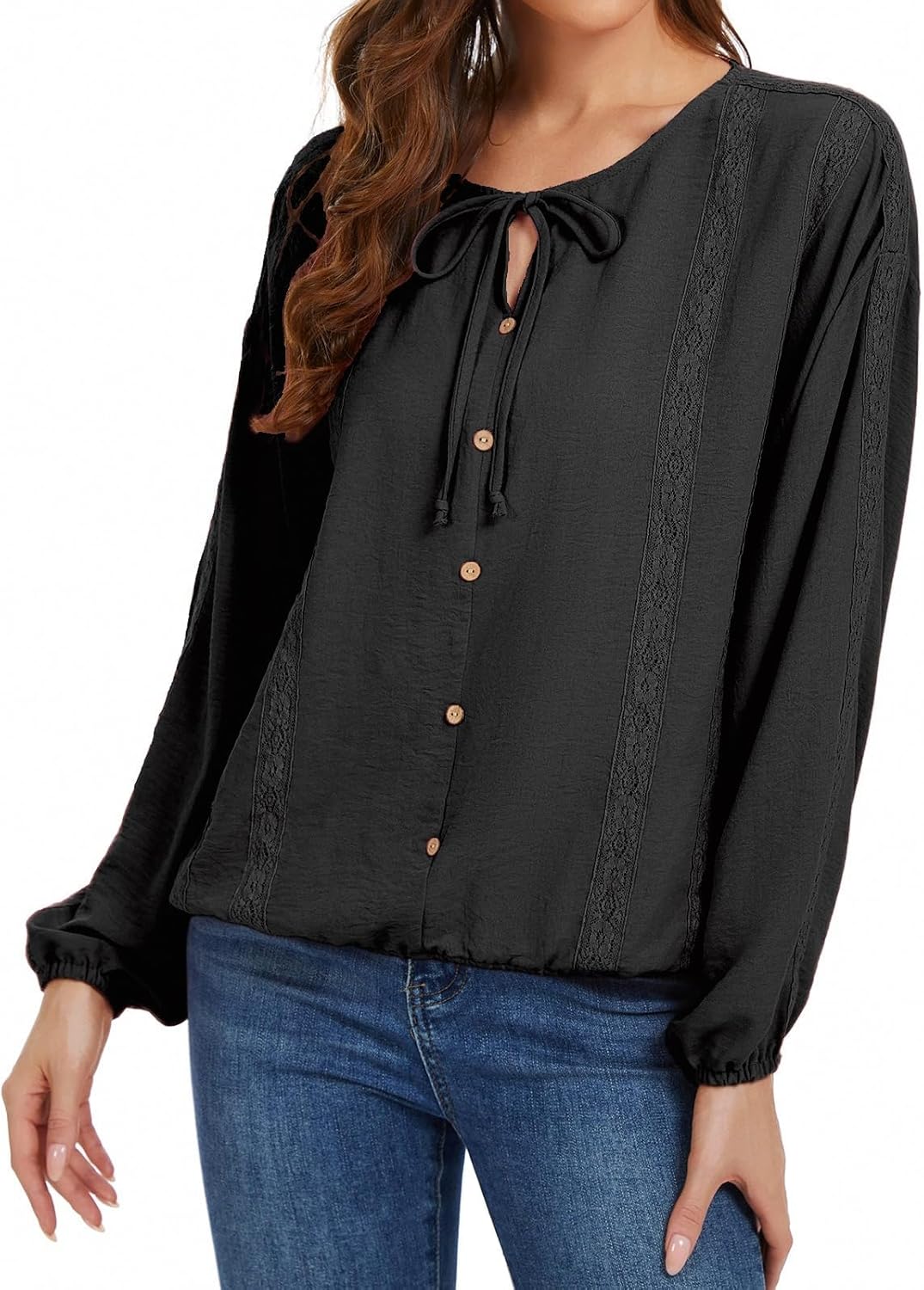 Women's Lace Long Sleeve Blouse Tie Front Tops Button Down Shirts Dressy Casual Boho Blouses - Image 2