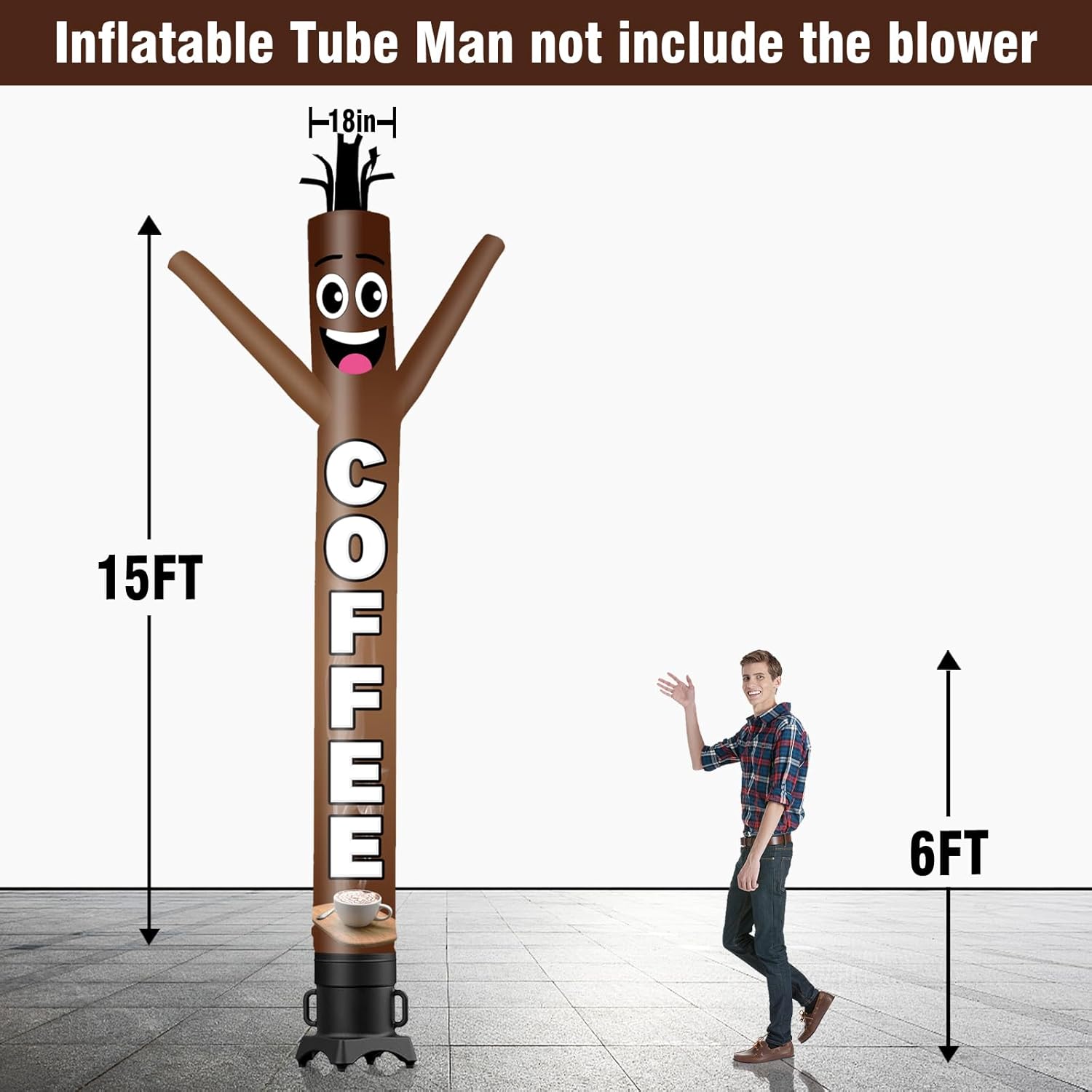 15FT Tall Inflatable Tube Man Coffee Wacky Wavy Dancing Guy (18''Diameter) for Outdoor Decoration Advertising Business Promotion - Food Theme (Blower Not Included)