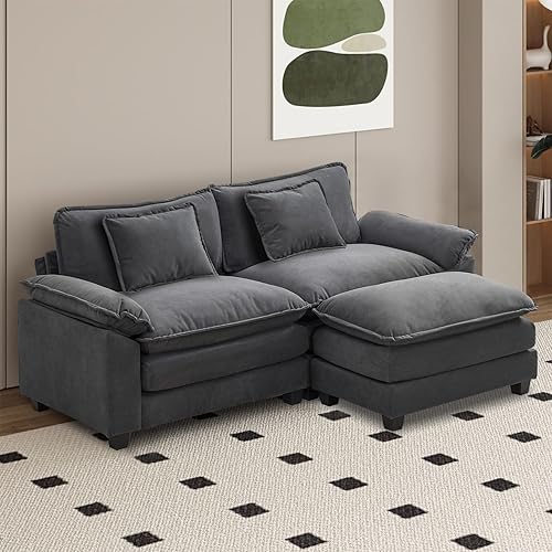 Sectional Sofa, Modular Cloud Couch with Ottoman, Deep Seat Sleeper Sofas with Throw Pillows, Comfy Chenille Loveseat Sofa for Living Room, Apartment (Dark Grey, Loveseat & Ottoman)