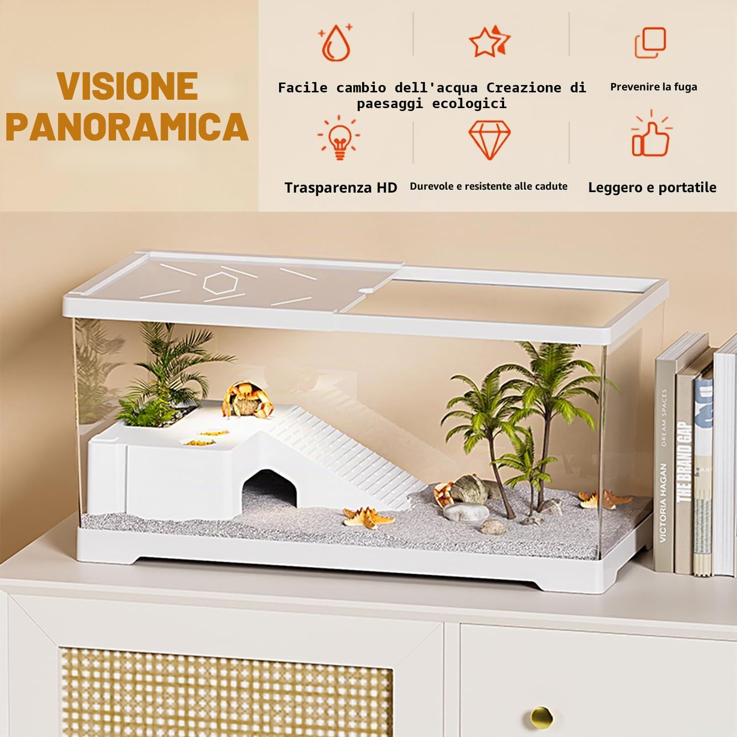 Turtle Fish Tank con piattaforma per crogiolarsi e drenaggio del fondo, 20 "x 9,5" x 9,5 "Acquario Turtle Tank per tartarughe giovani, gamberi, granchi, anfibi, rettili