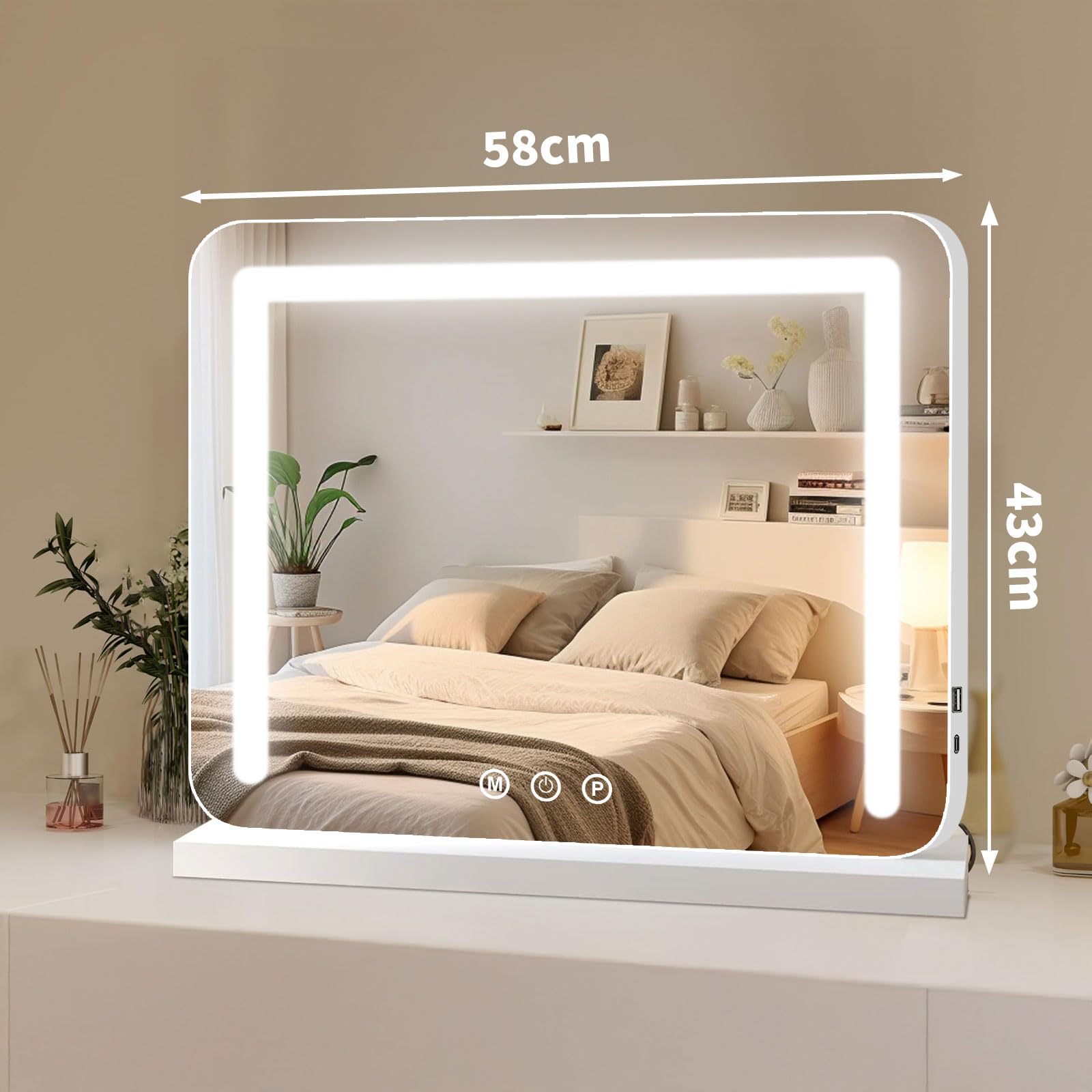 Schminkspiegel mit Beleuchtung 58x43cm,Hollywood Spiegel mit LED Licht | Vanity Spiegel Tischspiegel USB Type C 3 Lichtmodi 10X Vergrößerung gehärtetes Glas ideal für Schminktisch Schlafzimmer