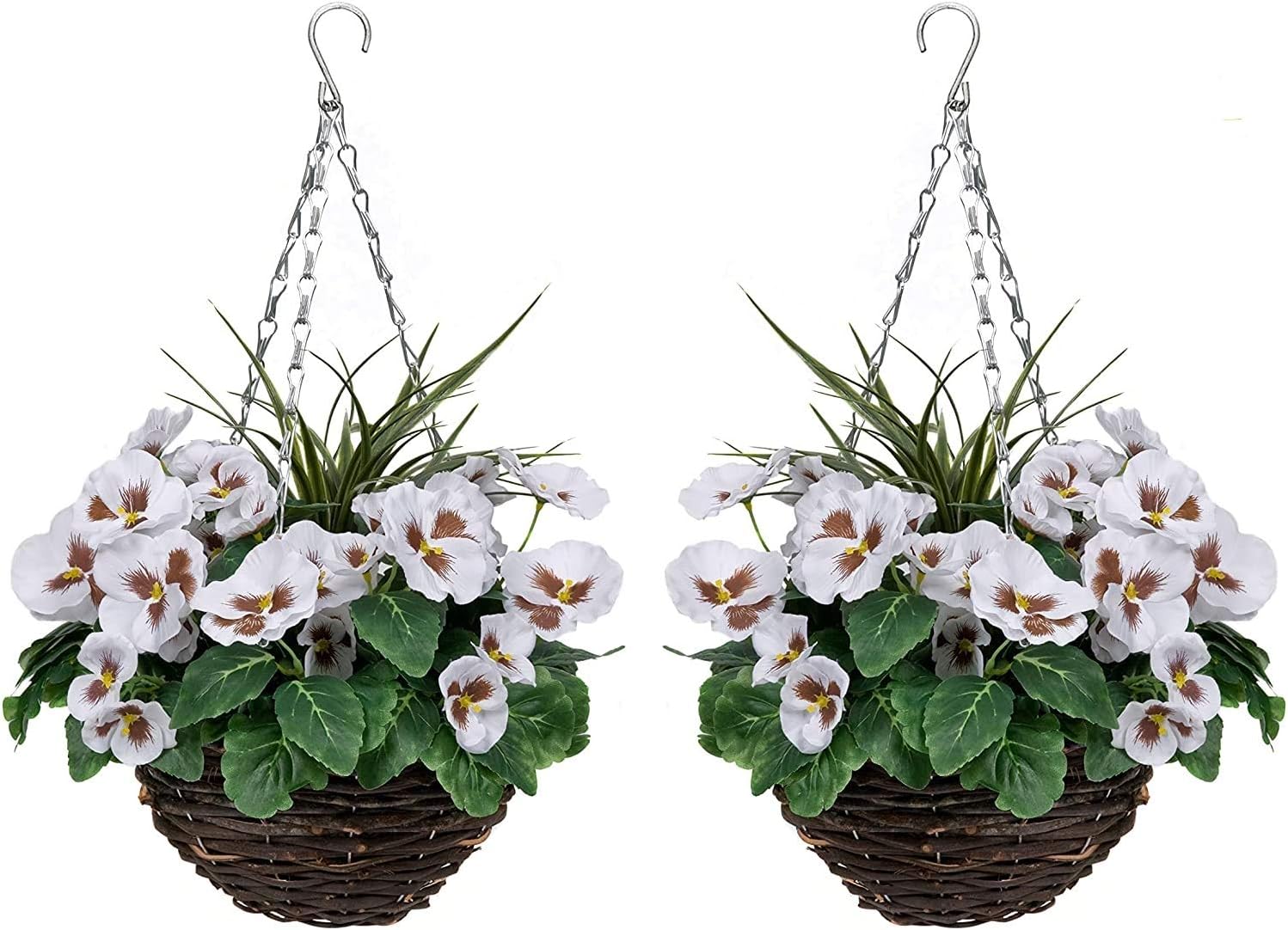 GreenBrokers 2 x Artificial White Pansies and Decorative Grasses (Set of 2), Round Hanging