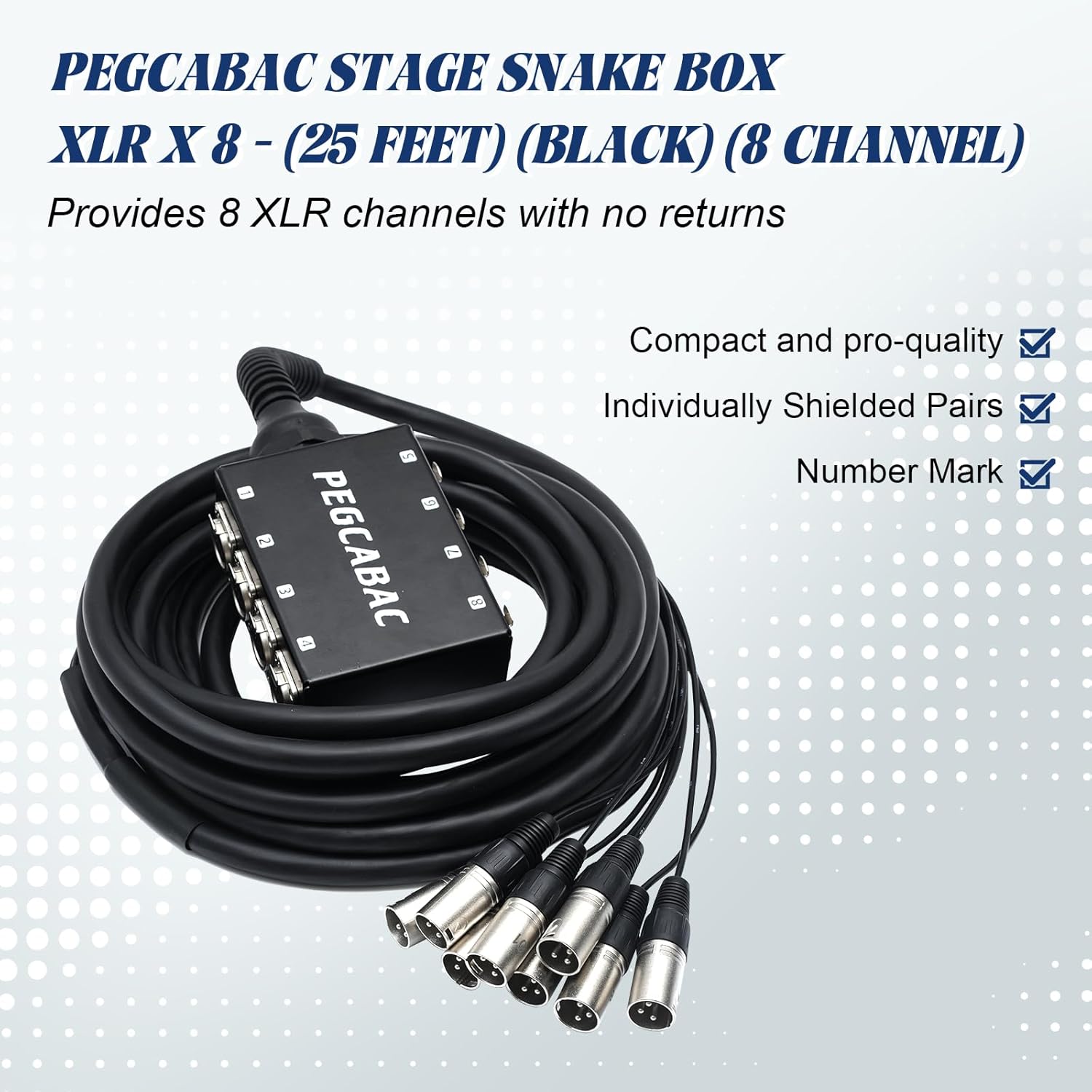8 Channel XLR Snake Cable, Low Profile XLR Send Sub Snake Stage Box, Pro Audio Splitter Cable, 25FT