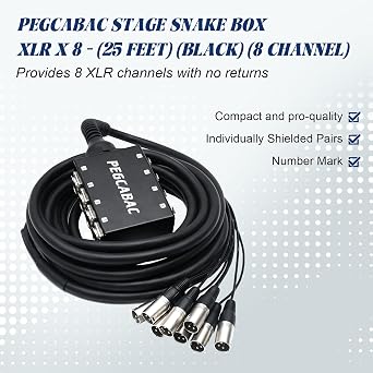8 Channel XLR Snake Cable, Low Profile XLR Send Sub Snake Stage Box, Pro Audio Splitter Cable, 25FT