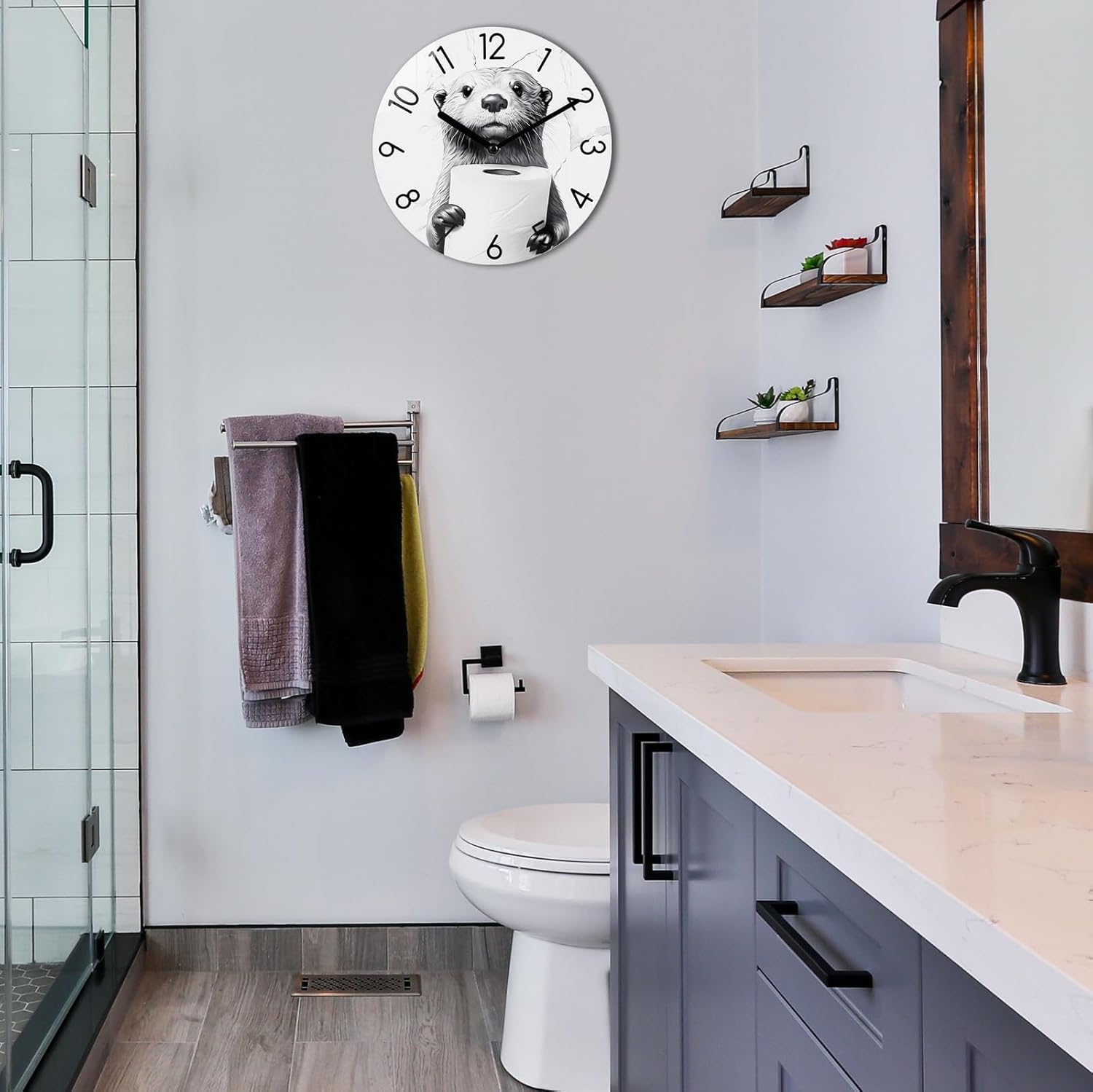 Crosstime Bathroom Wall Clock Modern Style Waterproof Glass Clock for Bathroom, Shower Wall Decor - 12 Inch, Toilet Paper in Little Funny Otter's Hand Animal Theme