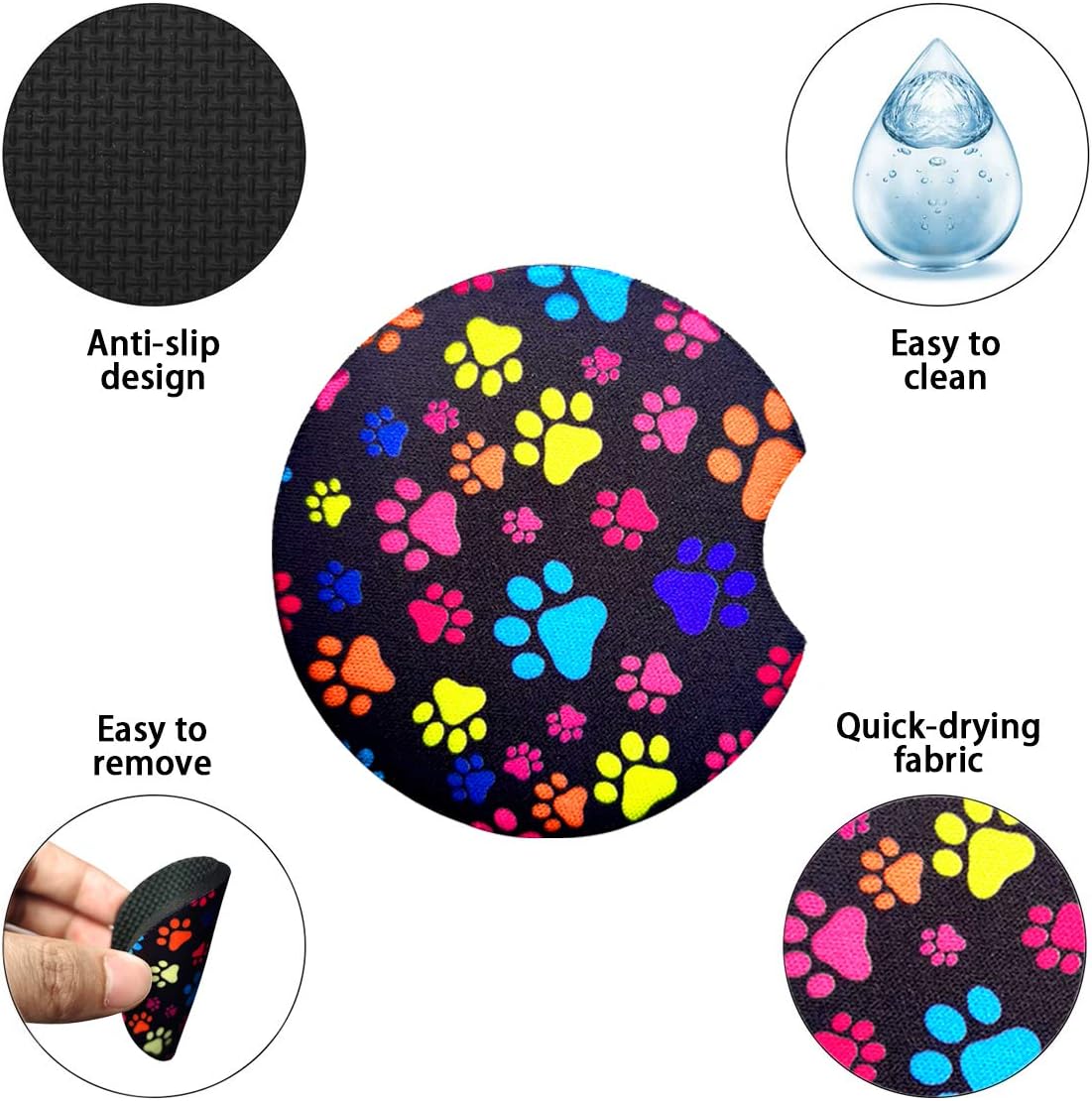 2 Pack Car Coasters for Drinks Absorbent - 2.75 Inch Cute Car Cup Holder Coasters for Women, Removable Cup Holder Coaster for Your Car, Car Interior Accessories for Women & Girls (Cat's Footprints)