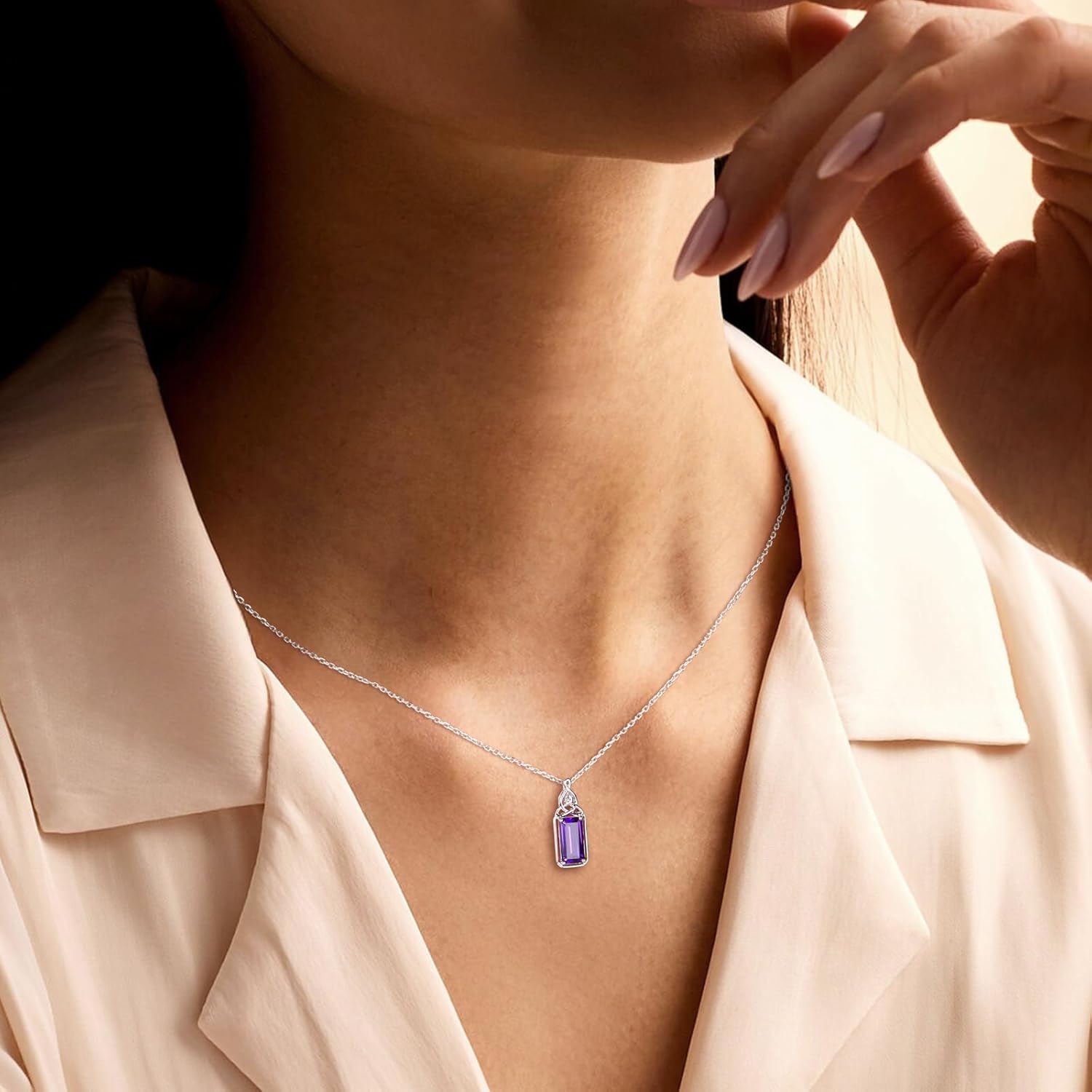 925 Sterling Silver Celtic Knot Necklace Emerald Cut Ruby/Amethyst/Emerald/Sapphire Pendant Solitaire Necklaces with 18" Chain - Image 6