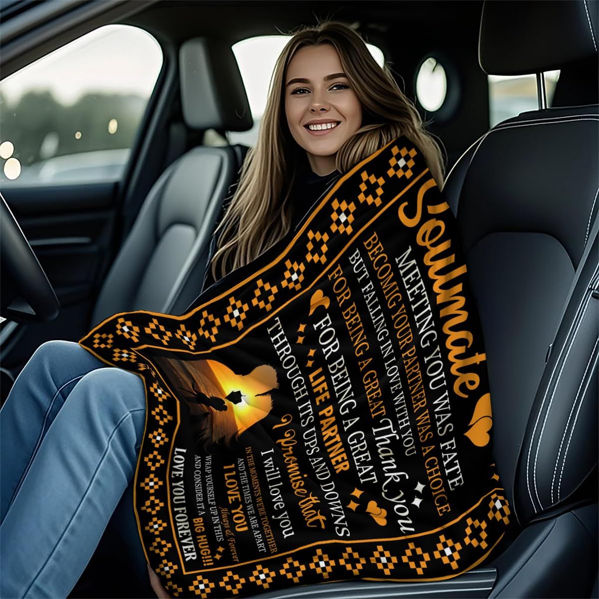 to My Soulmate Romantic Love Letter Throw Blanket Sunset Couple Silhouette Design Throw Long Distance Relationship Gift Thank You Partner Blanket Wedding Anniversary Present Big Hug 80x60 Inches