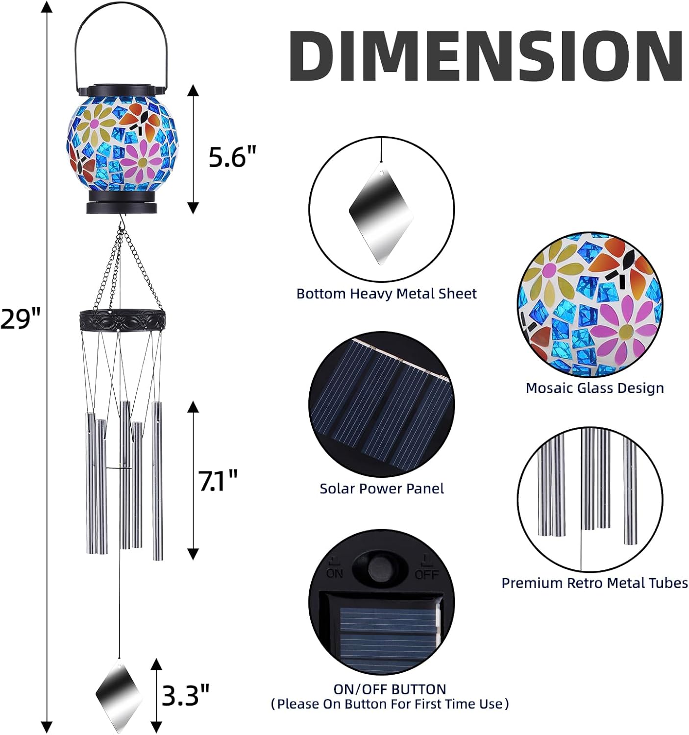 VOREEN Solar Wind Chimes with Gentle Chime Sound, Blue Mosaic Glass Lantern for Outdoor, Calming Night Glow & Relaxing Breeze Melody, Waterproof Porch Yard Garden Decor, Memorial & Sympathy Gift
