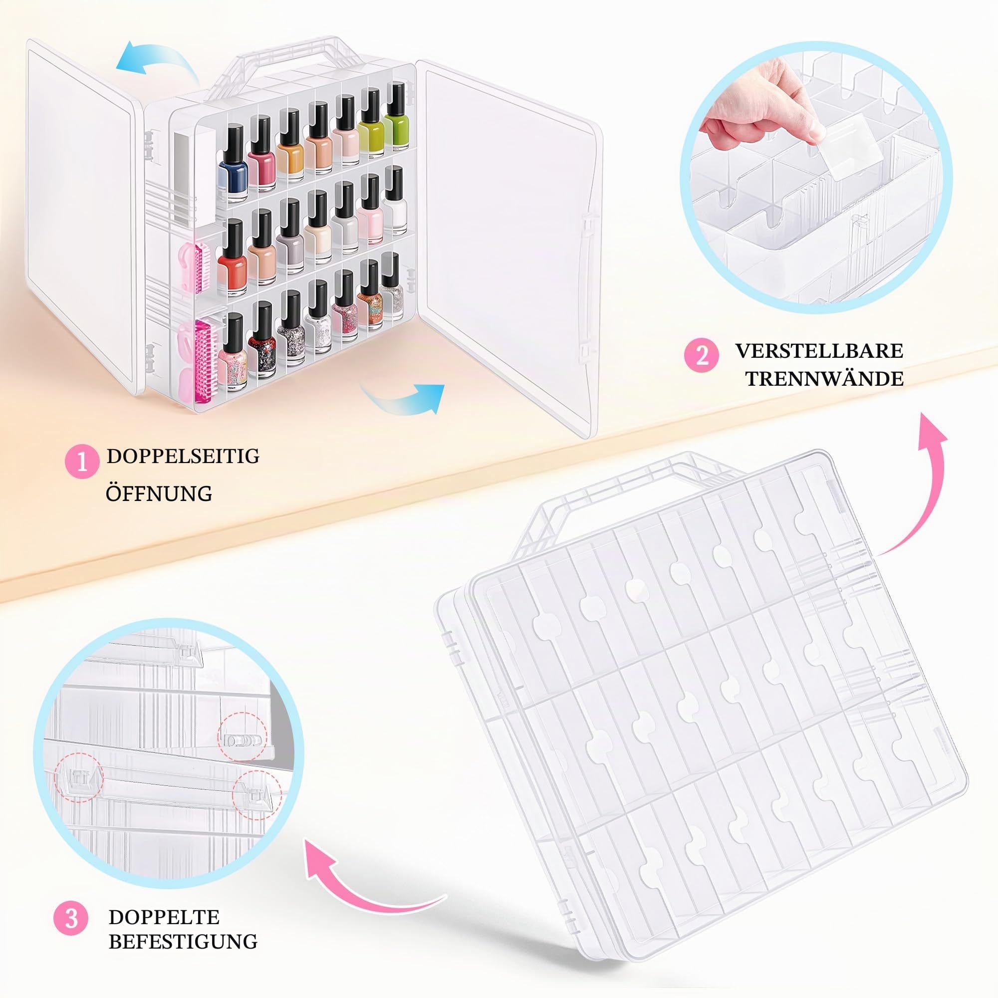 DreamGenius Tragbarer Nagellack-Organizer für 48 Flaschen, doppelseitig und verschließbar, Gel-Nagellack-Halter, platzsparend, mit 8 verstellbaren Trennwänden