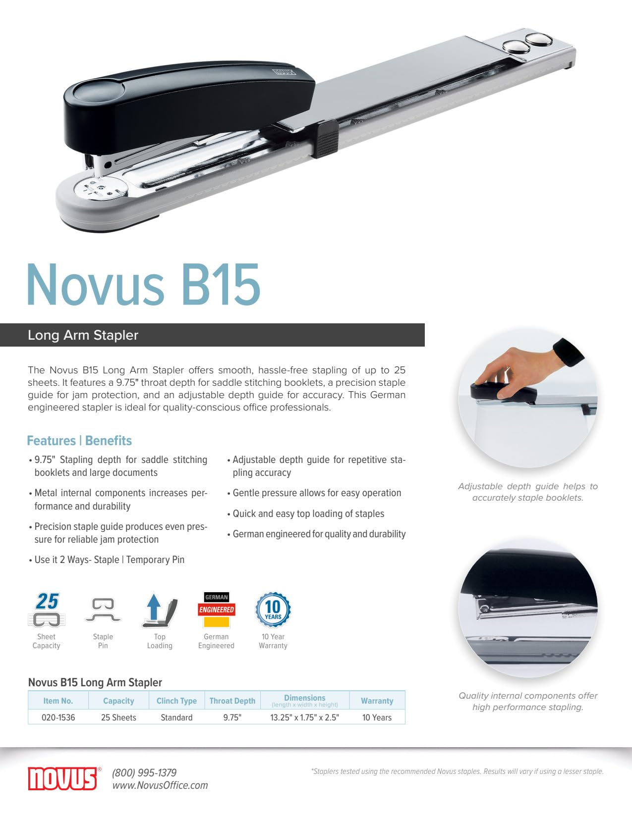 Novus B 15 Heftgerät/Langarmhefter (mit bis zu 250 mm Einlegetiefe, für 25 Blatt (80 g/m²)) lichtgrau/tiefschwarz