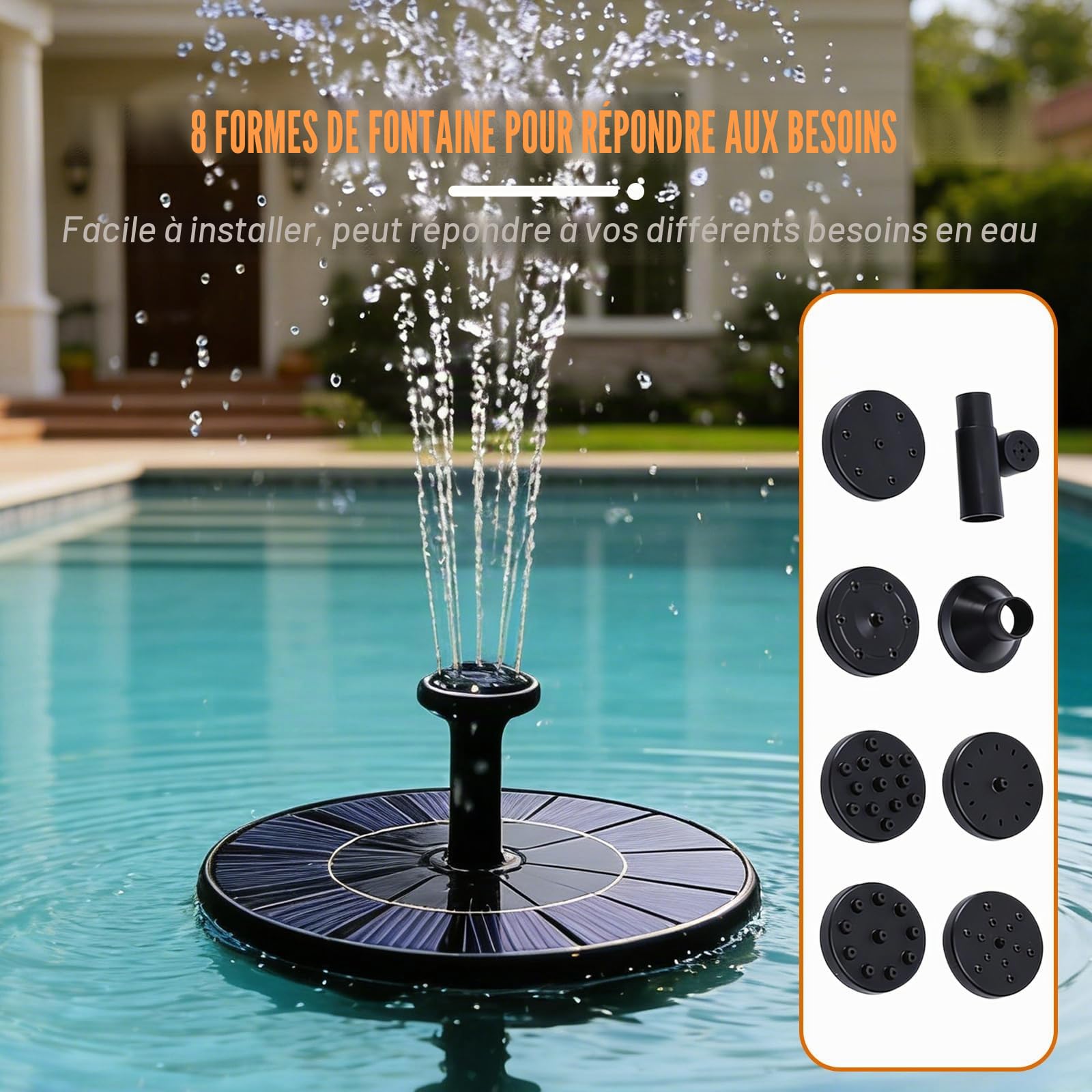 Lot de 2 fontaines solaires d'extérieur : pompe de bassin solaire à 8 effets, pompe à eau solaire polyvalente, fontaine flottante, idéale pour le jardin, l'étang ou le bassin à poissons, pour les
