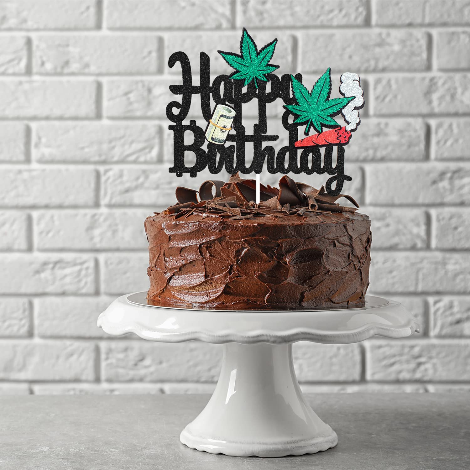 Happy Birthday Cake Topper - Black Glitter Weed Leaf Decoration For Adult Birthday Party Decor - View #2