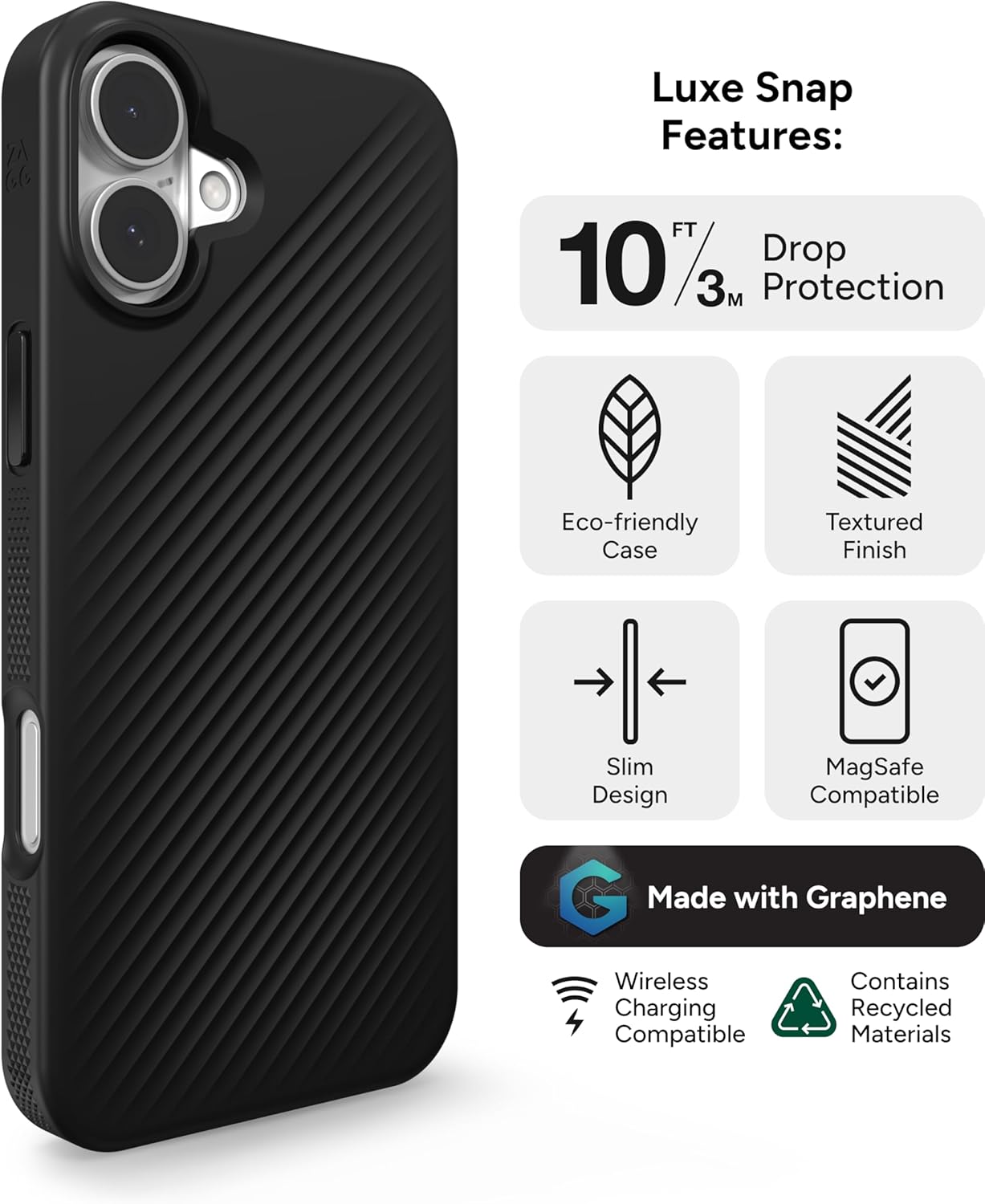 ZAGG Luxe Snap Case for iPhone 16 Plus - MagSafe Wireless Charging, 10ft Drop Protection, Eco-Friendly, Graphene Reinforced, Ripple Design, Black - Image 3