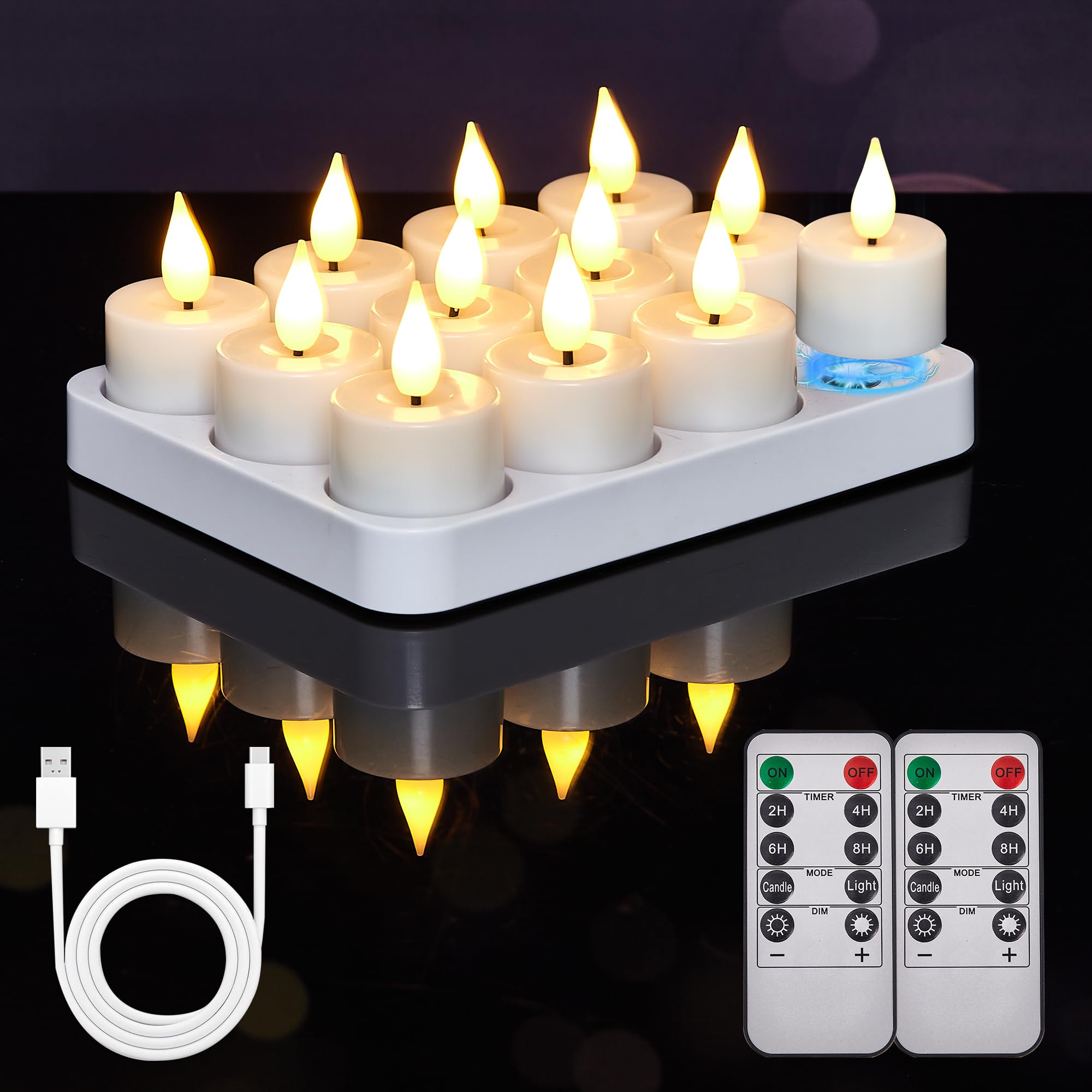 Led teelichter wiederaufladbar mit Timerfunktion Ladestation Aufladbare Led Teelichter Flackernd Kerzen mit Fernbedienung Perfekt für Wohnzimmer Tisch Kürbis Party Halloween Weihnachtsdeko (Weiß)
