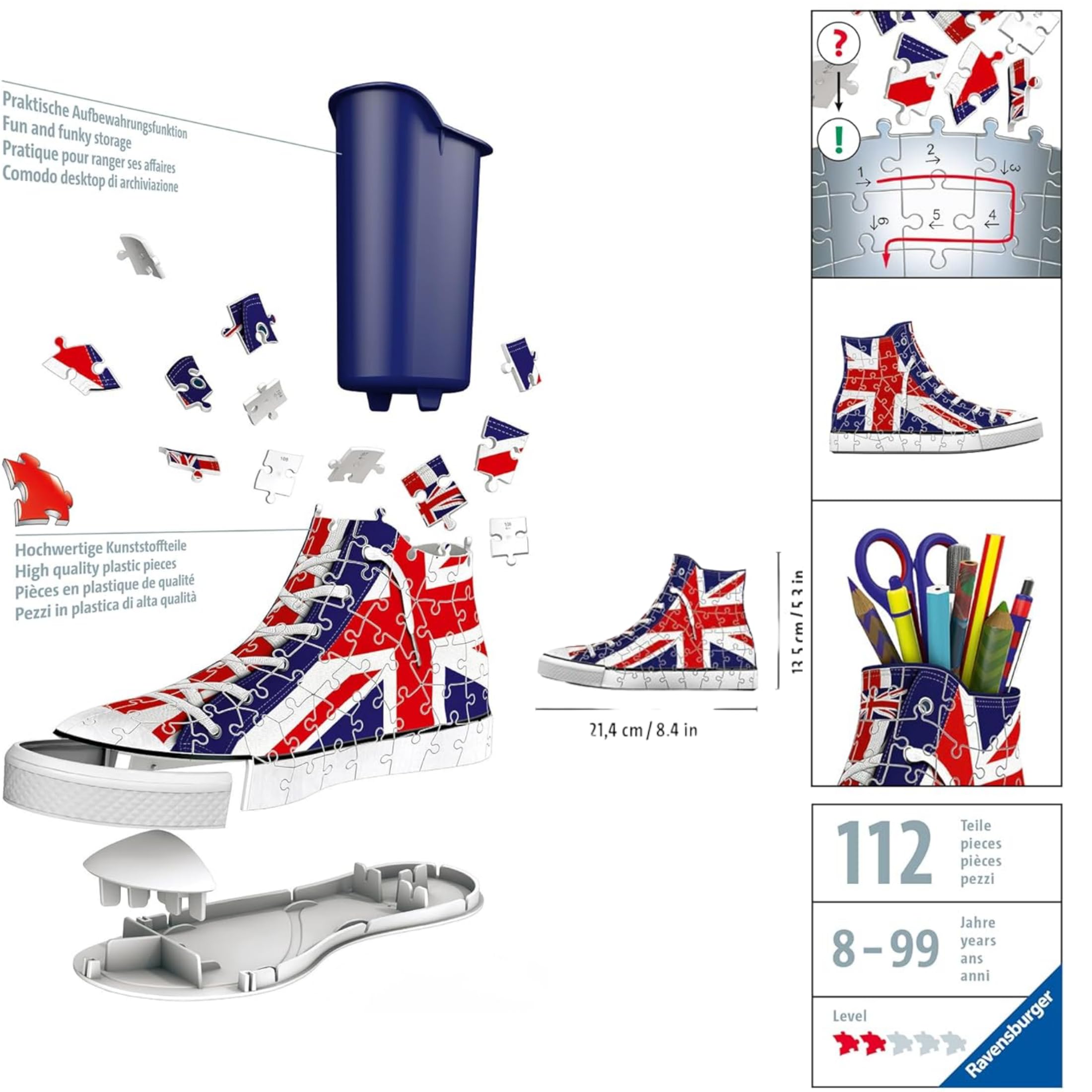 Ravensburger - Puzzle 3d Portapenne Sneaker Union Jack | Puzzle 3d Bambini A Partire Dagli 8 Anni | Modellismo Da Costruire Bambini Di 112 Pezzi | Regalo Bambino 8 Anni E Più