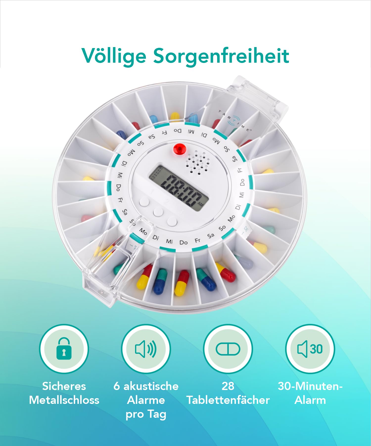 TabTime automatischer Tabletten-/Pillenspender mit Erinnerung, transparenter Deckel, verschließbar mit Zeitschaltung, ideal für Alzheimer- und Demenzpatienten, mit Dosierungsringen auf Deutsch
