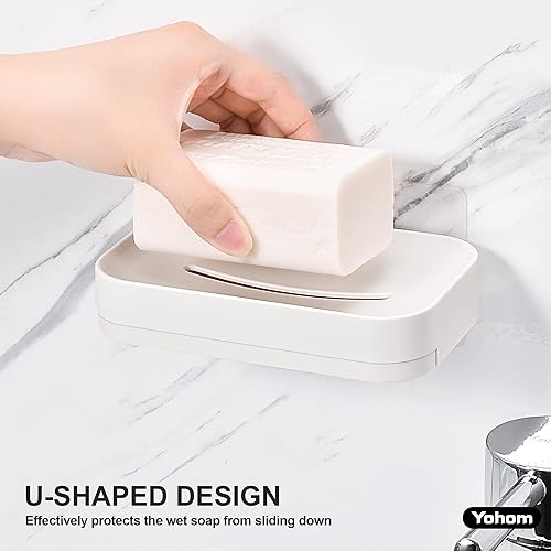 Miniatura 5 de YOHOM Jabonera adhesiva con bandeja de drenaje, barra de ducha blanca, soporte para jabón montado en la pared para baño, soporte para bandeja de