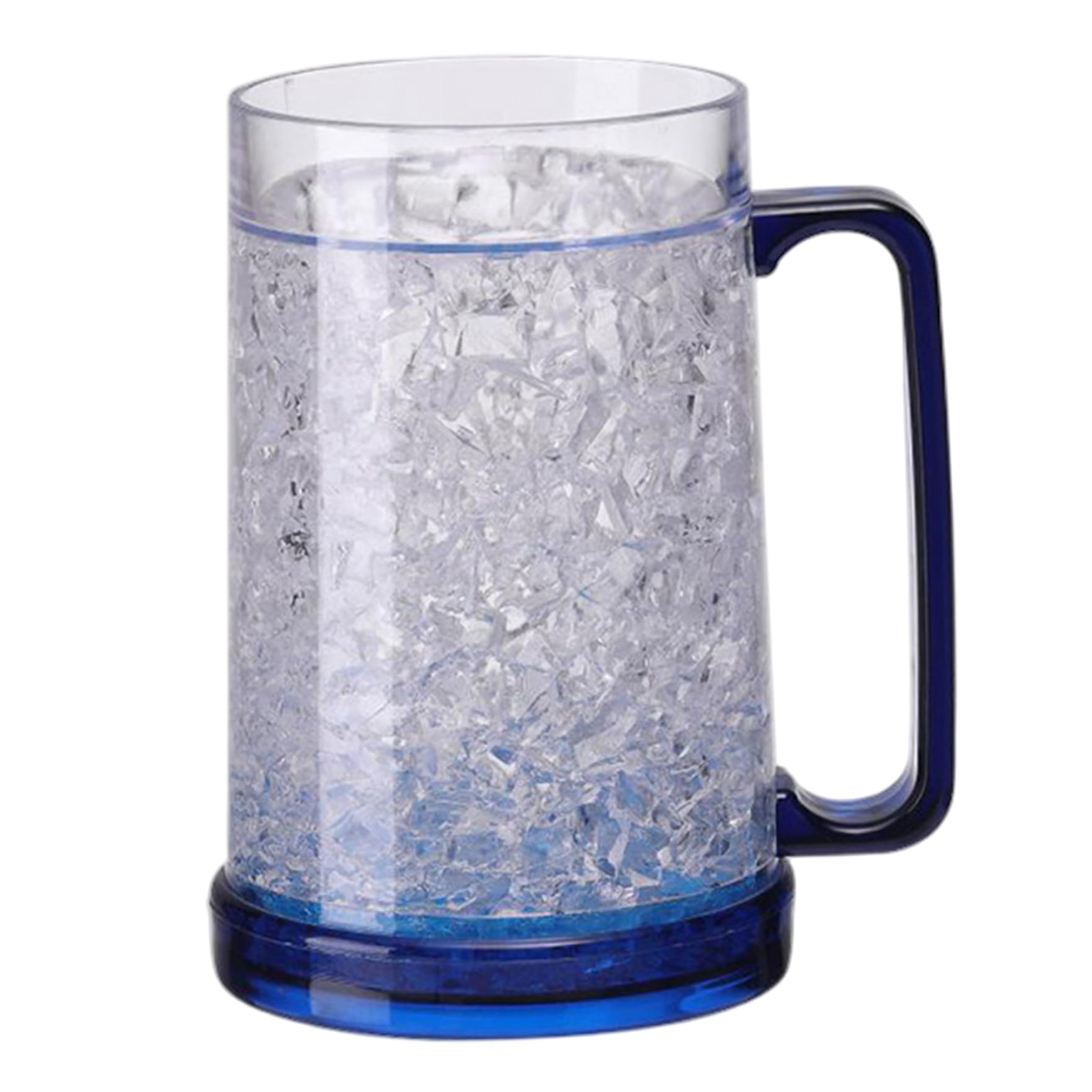 Azidweryq Blue Frozen Beer Mugs For Freezer, Double Wall Ice Cup With Handles, 5.2X6.1 Inch Clear Plastic Frozen Cups With Non Slip Base,