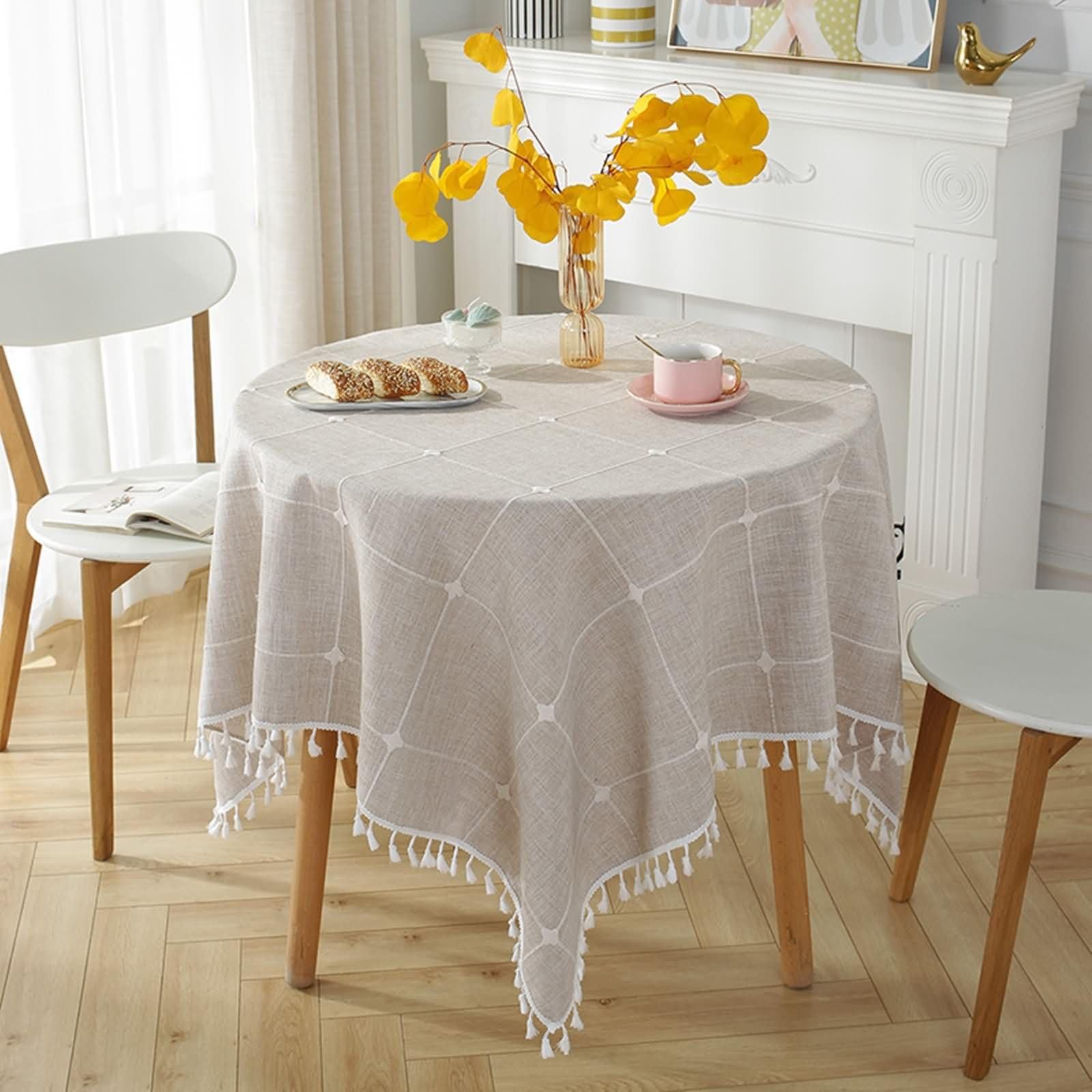 Mantel Cocina Redondo Marrón, Cuadros con Borlas, de Poliéster Fácil de Limpiar, 180 cm, Mantel para Comedor y Cocina
