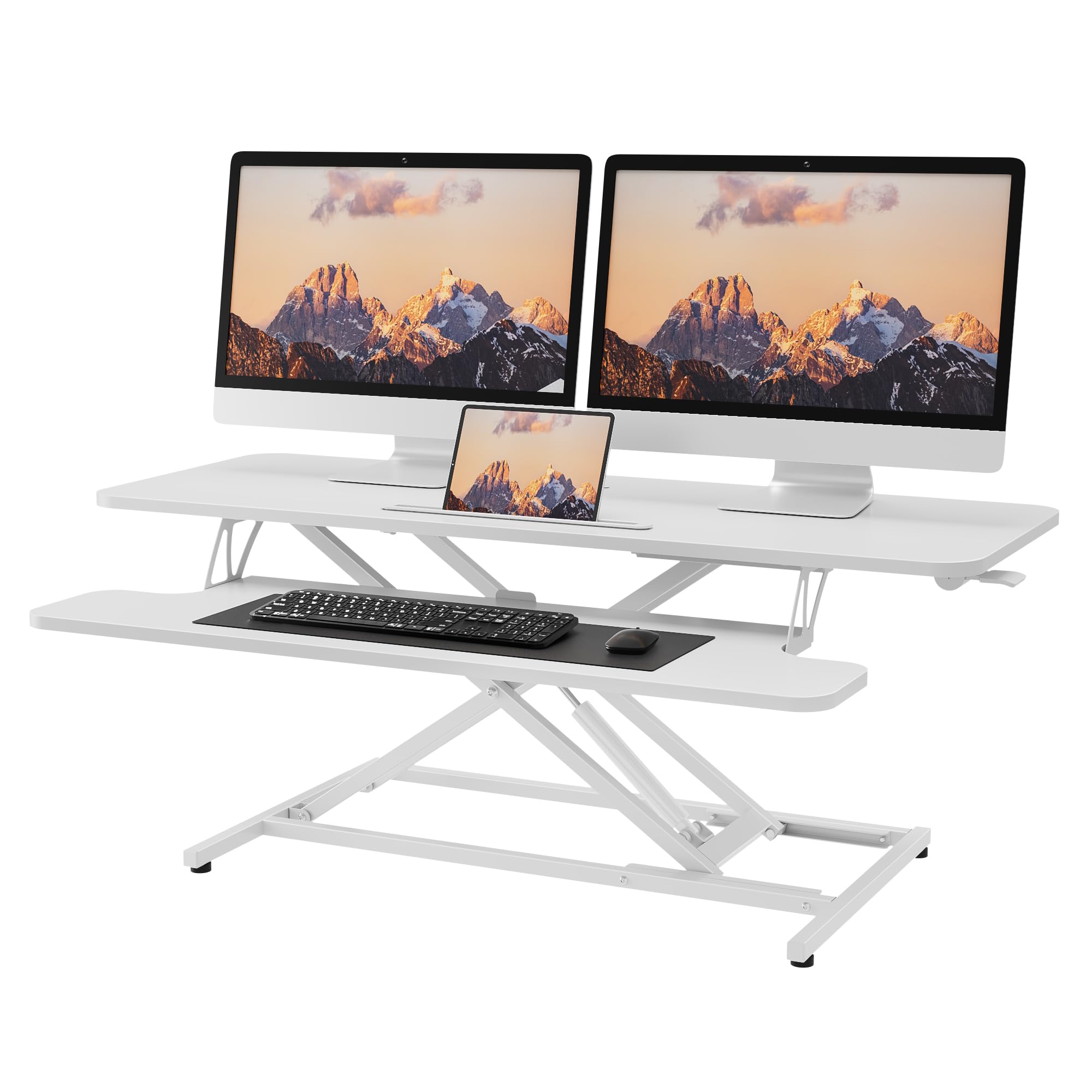 ERGOMAKER Convertisseur de Bureau Debout réglable en Hauteur avec Large Plateau pour Clavier, pour Deux écrans,Blanc - 106 cm