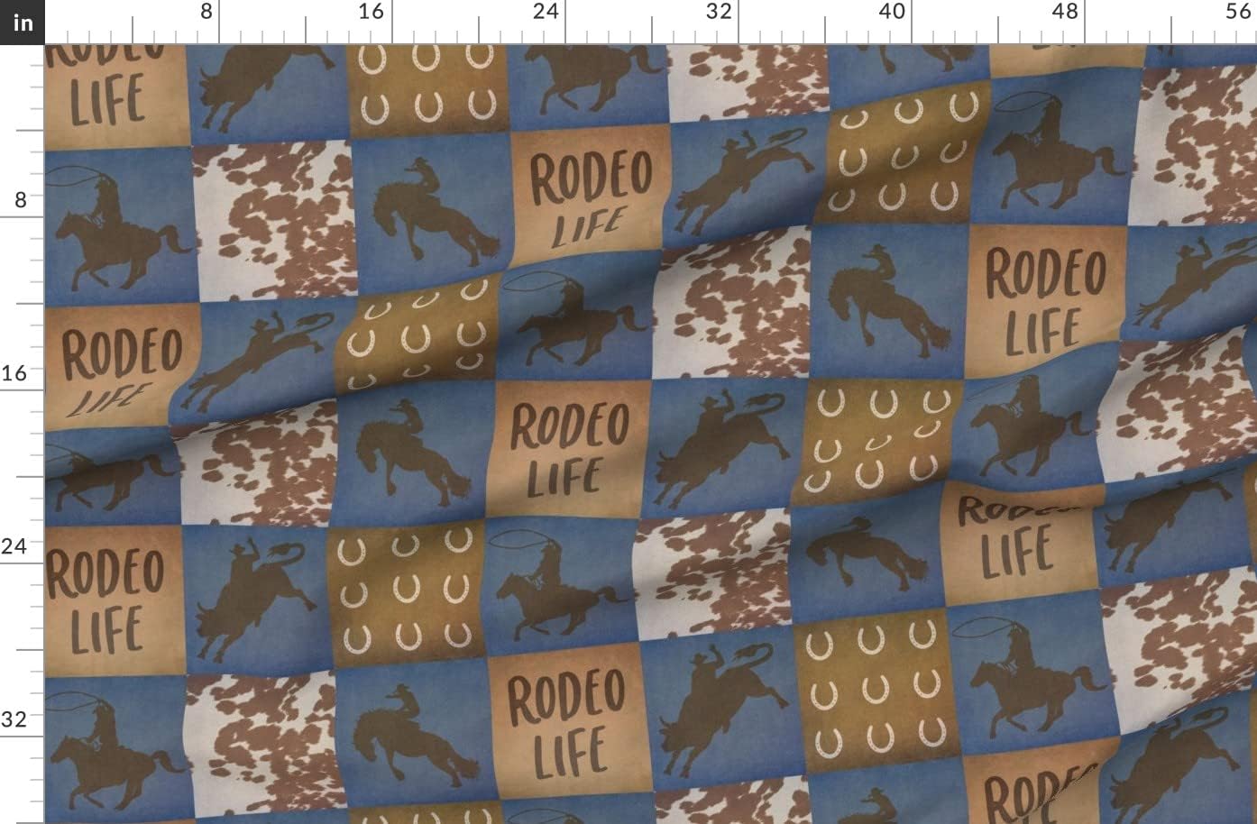 Spoonflower Fabric - Rodeo Life Patchwork 7 Inch Western Cowboy Quilt Brown Blue Bull Calf Printed on Organic Cotton Sateen Fabric by The Yard - Sewing Quilting Apparel Home Decor
