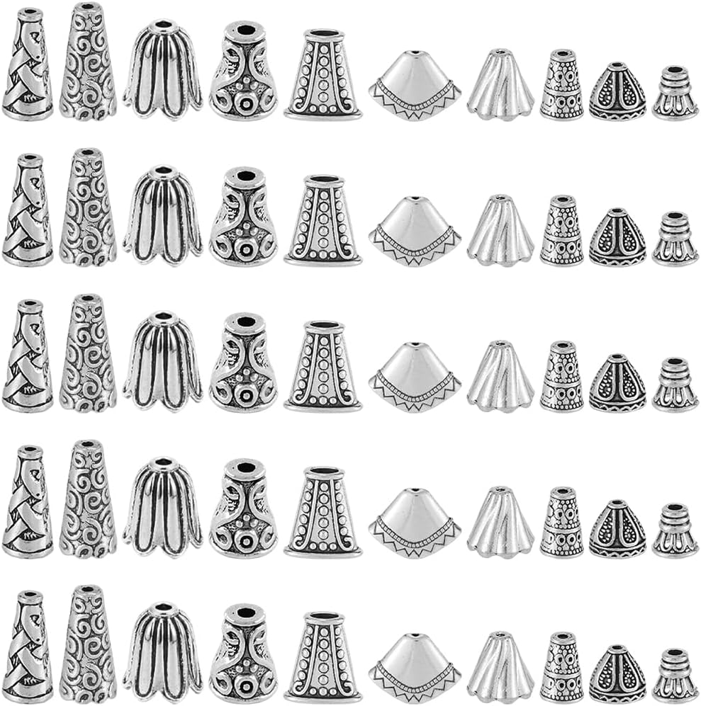 1 Box 100Pcs 10 Styles Silver Bead End Caps Cone Bead Caps Alloy Tibetan Style Flower Beading Tassel Spacer End for Jewelry Making Findings Necklaces Bracelets Earrings DIY Craft Supplies
