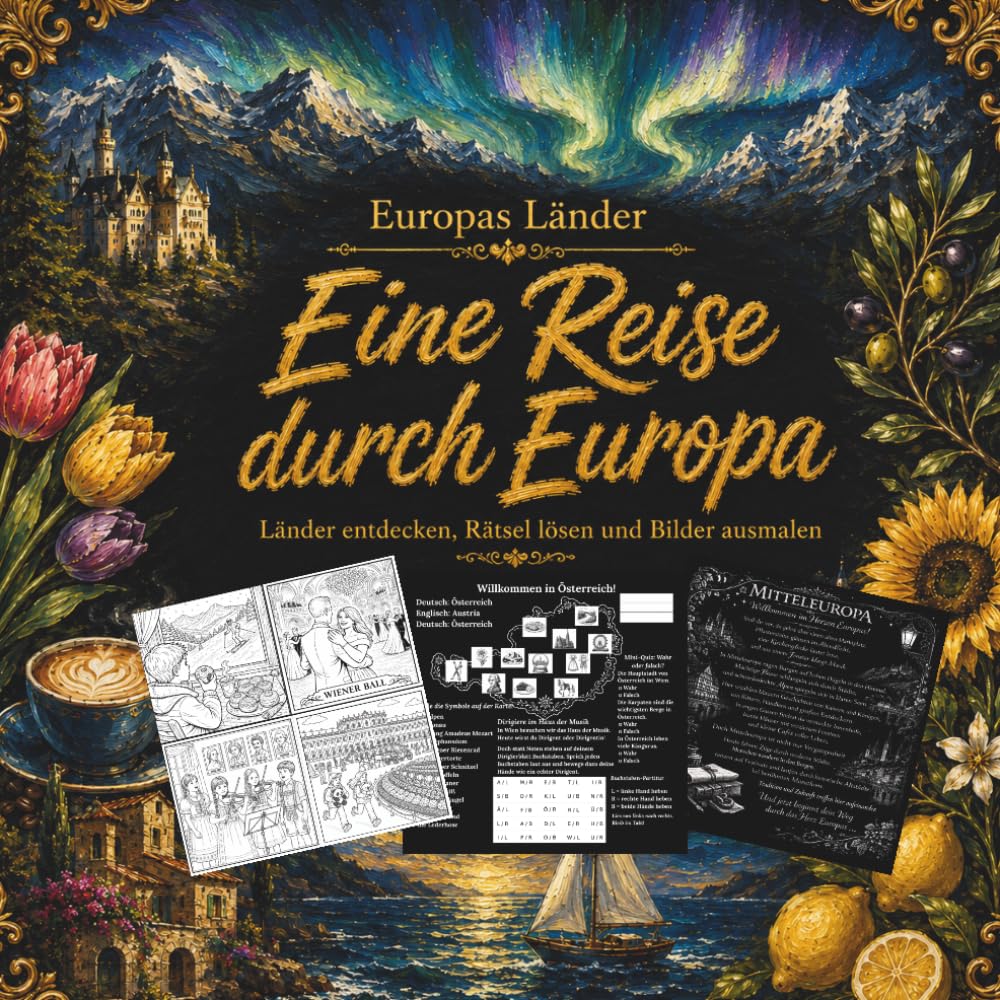 Eine Reise durch Europa: Europas Länder entdecken, Rätsel lösen und Bilder ausmalen