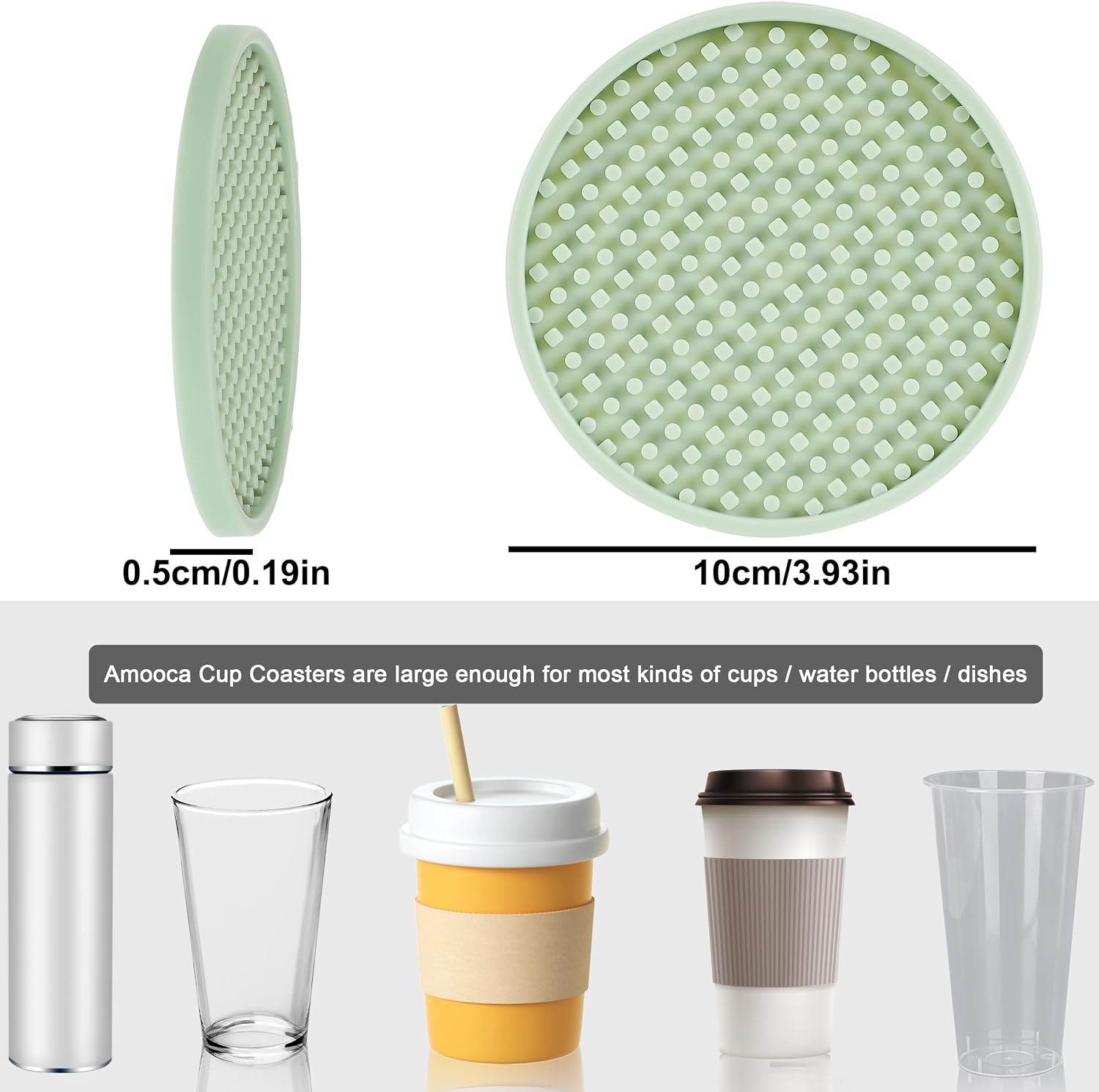 Amooca Silicone Coasters 8 Pack with Holder Anti-Slip Non-Stick Drink Coaster Deep Tray Cup Mat for Hot or Cold Drinking Tea Green Dots image 5