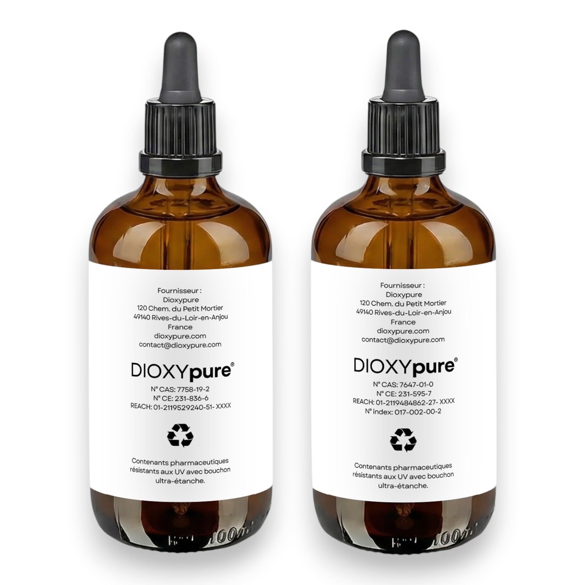 Dioxyde de Chlore - Kit de Production - 2 Flacons Compte-Gouttes en Verre de 100 ML - Chlorite de Sodium (NaClO2) 25% et Acide chlorhydrique (HCI) 4% - Désinfectant - Qualité supérieure