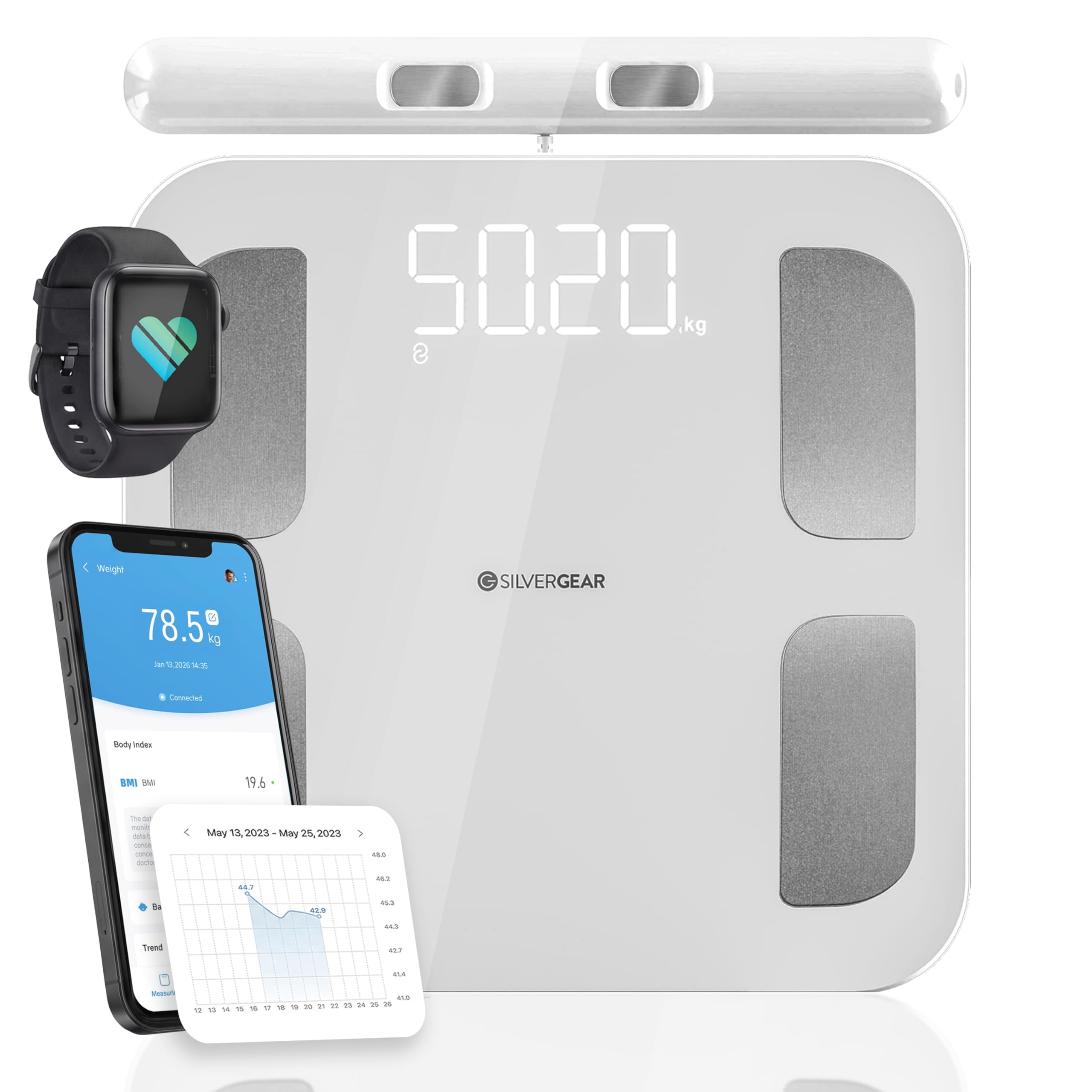 Silvergear® Bilancia Pesapersone PRO | Bilancia Impedenziometrica Bluetooth con APP | Bilancia Digitale Professionale con Grasso Corporeo, Massa Muscolare, BMI, Peso Osseo, BMR e Frequenza Ca