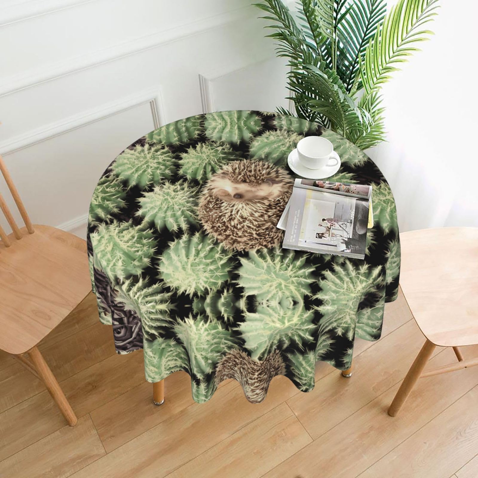 YYHHAOFA Hedgehogs Cactus Prints 60in Round Decorative Tablecloth – High-Grade Polyester Throw Cover for Dining, Parties, and Outdoor Events