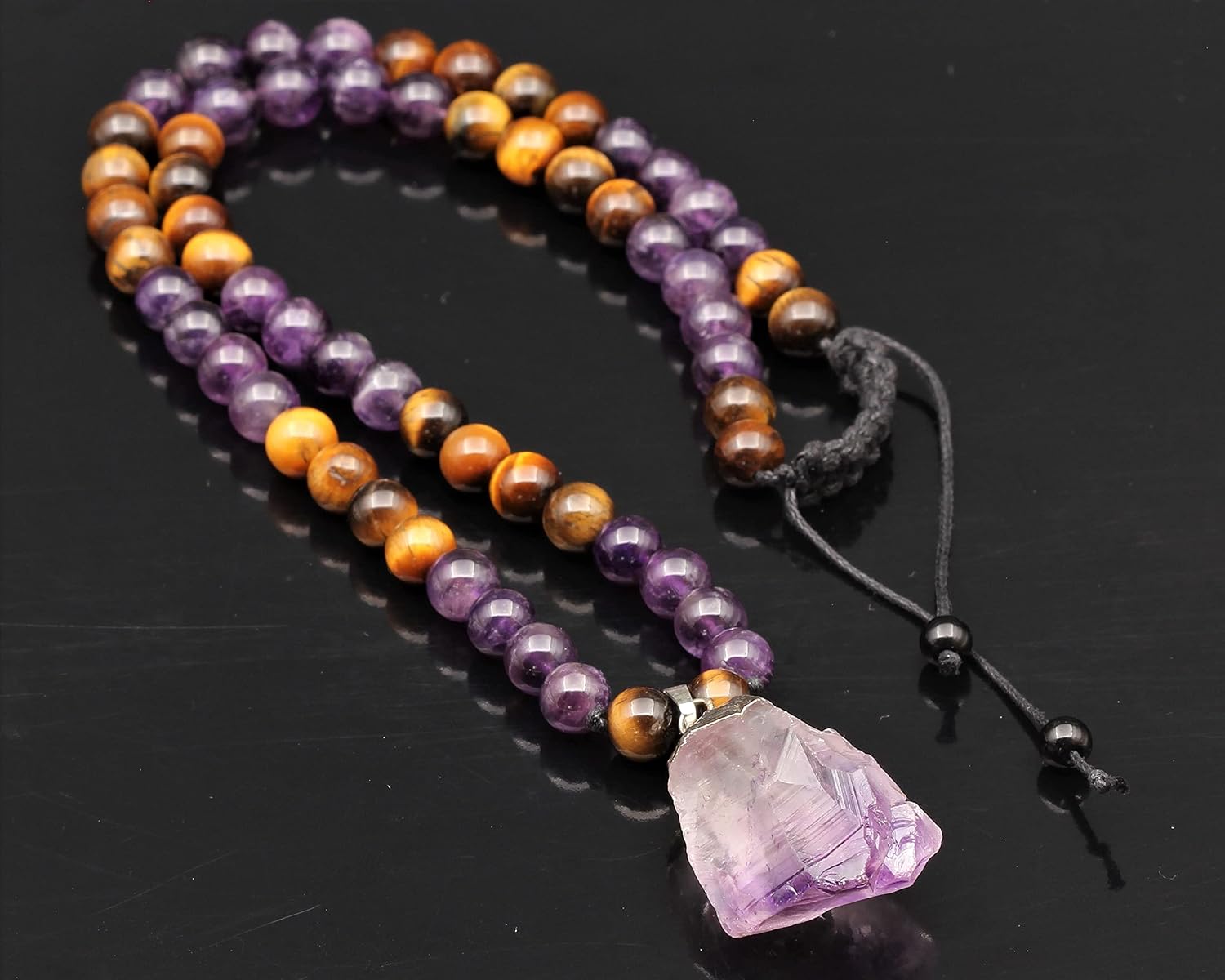Natural Tranquilizer Necklace Raw Amethyst Pendant Tiger Eye Gemstone Balance Beaded Long Necklace For Women's Best Friend Gift For Her