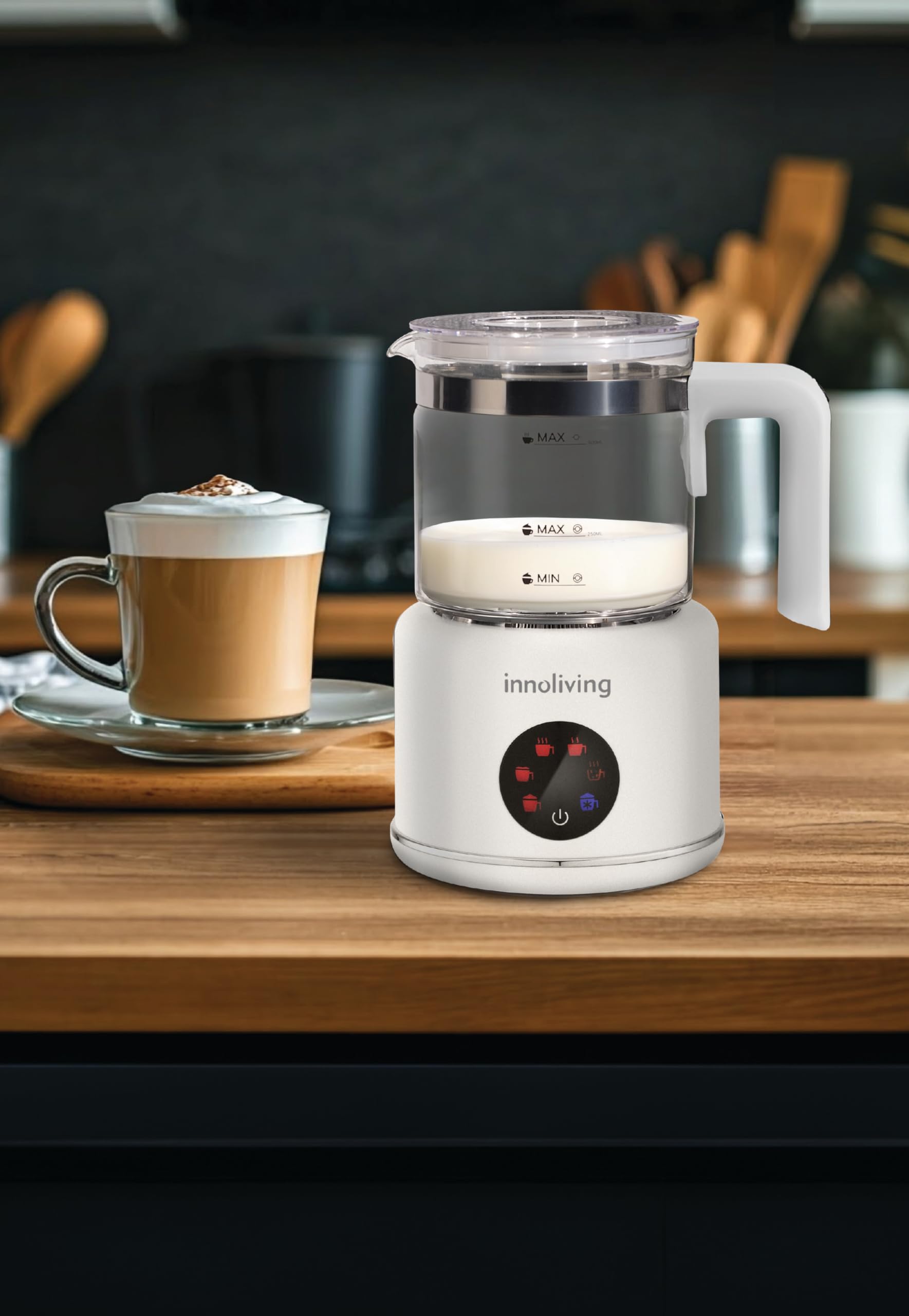 Innoliving Montalatte Elettrico Cappuccinatore INN-786, Capacità 350ml, Schiuma Latte Calda e Fredda, Antiaderente, Compatto, Facile da Pulire, Ideale per Cappuccini e Bevande Calde, Monta e Scalda