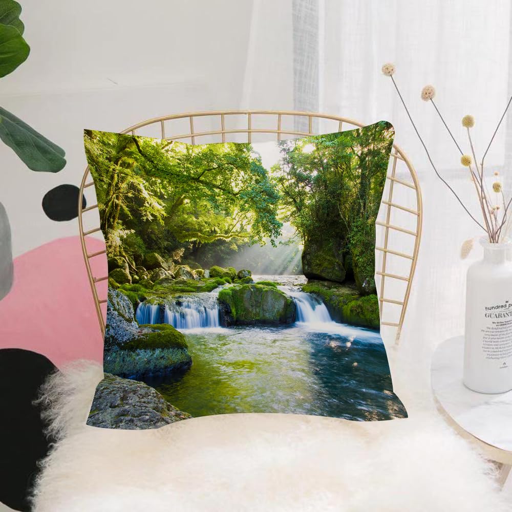 HYOSXW Cushion Cover,Throw Pillow Case Home Decorative for Living Room Bedroom Sofa Chair 16X16 Inch,Foliage Jungle Misty Mountains and Mossy Rocks View,Teal Purple Yell,Pillowcase 40X40cm