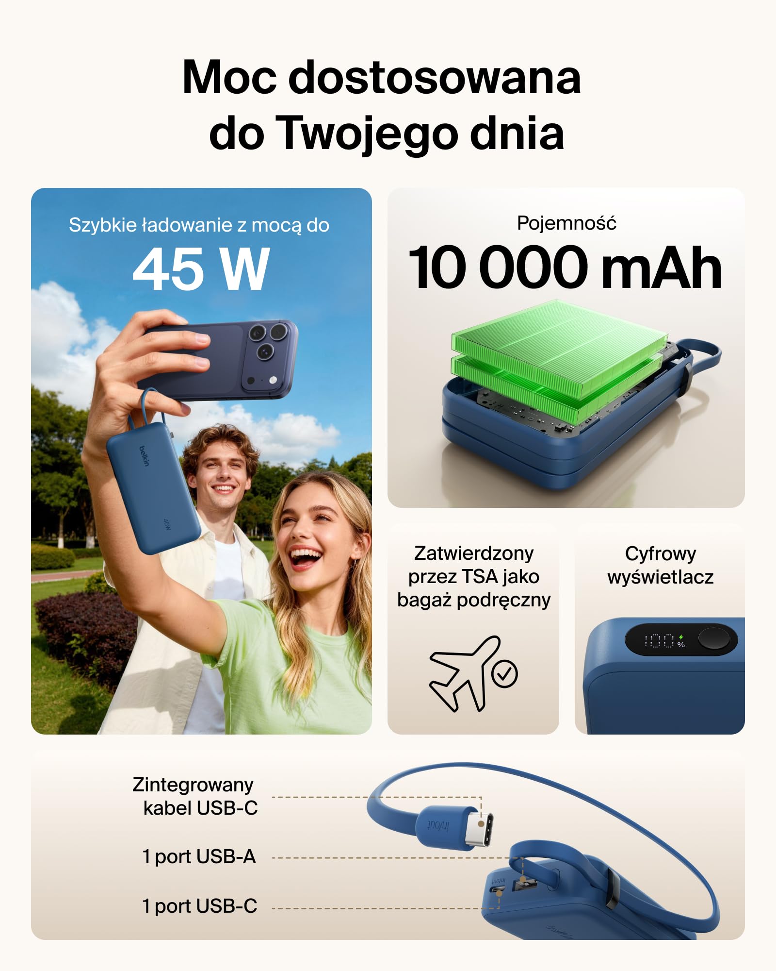 Belkin UltraCharge Powerbank 10 000 mAh, Kabel, Wyświetlacz – Niebieski | Powerbank 10 000 mAh, Ładowanie 3 Urządzeń (1 Port USB-C, 1 Port USB-A, Kabel USB-C), 45 W, Wstępnie Naładowany, Wyświetlacz
