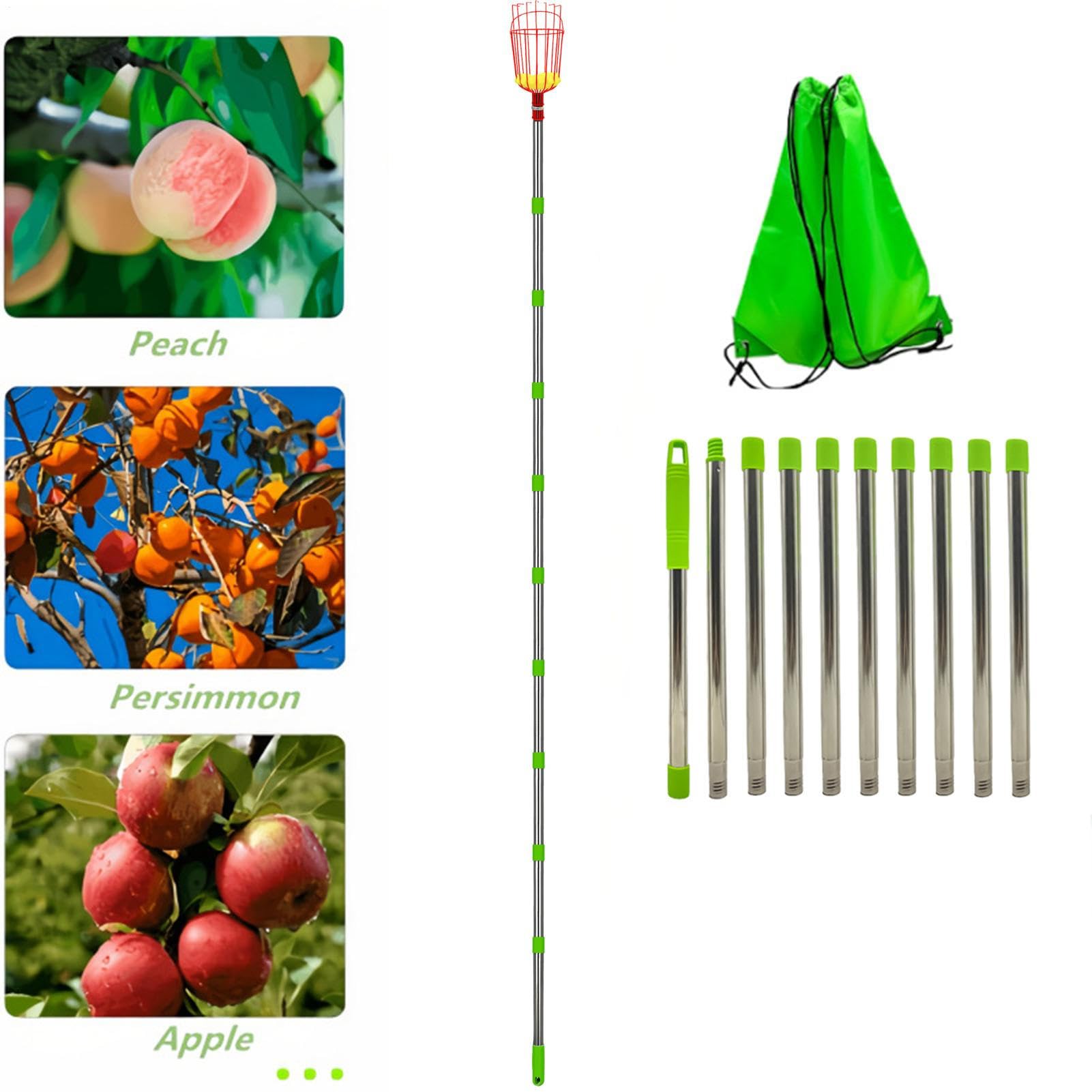 Fruit Picking Basket - Fruit Pickerr Pole with Basket | Stainless Steel Telescopic Fruits Pickers with Baskett, Portable, Rostfrei, Detachable Lightweight Food Picker for Plum, Pear, Lemon